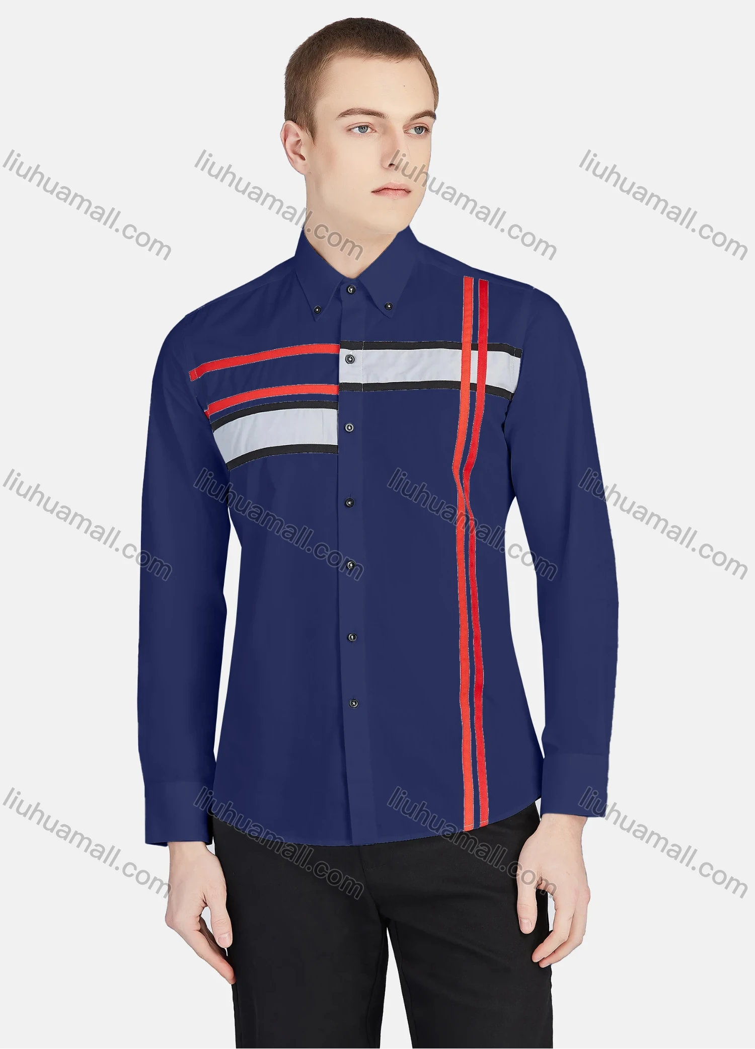 Wholesale Men's Casual Collared Long Sleeve Button Down Striped Shirt P001-3# - Liuhuamall