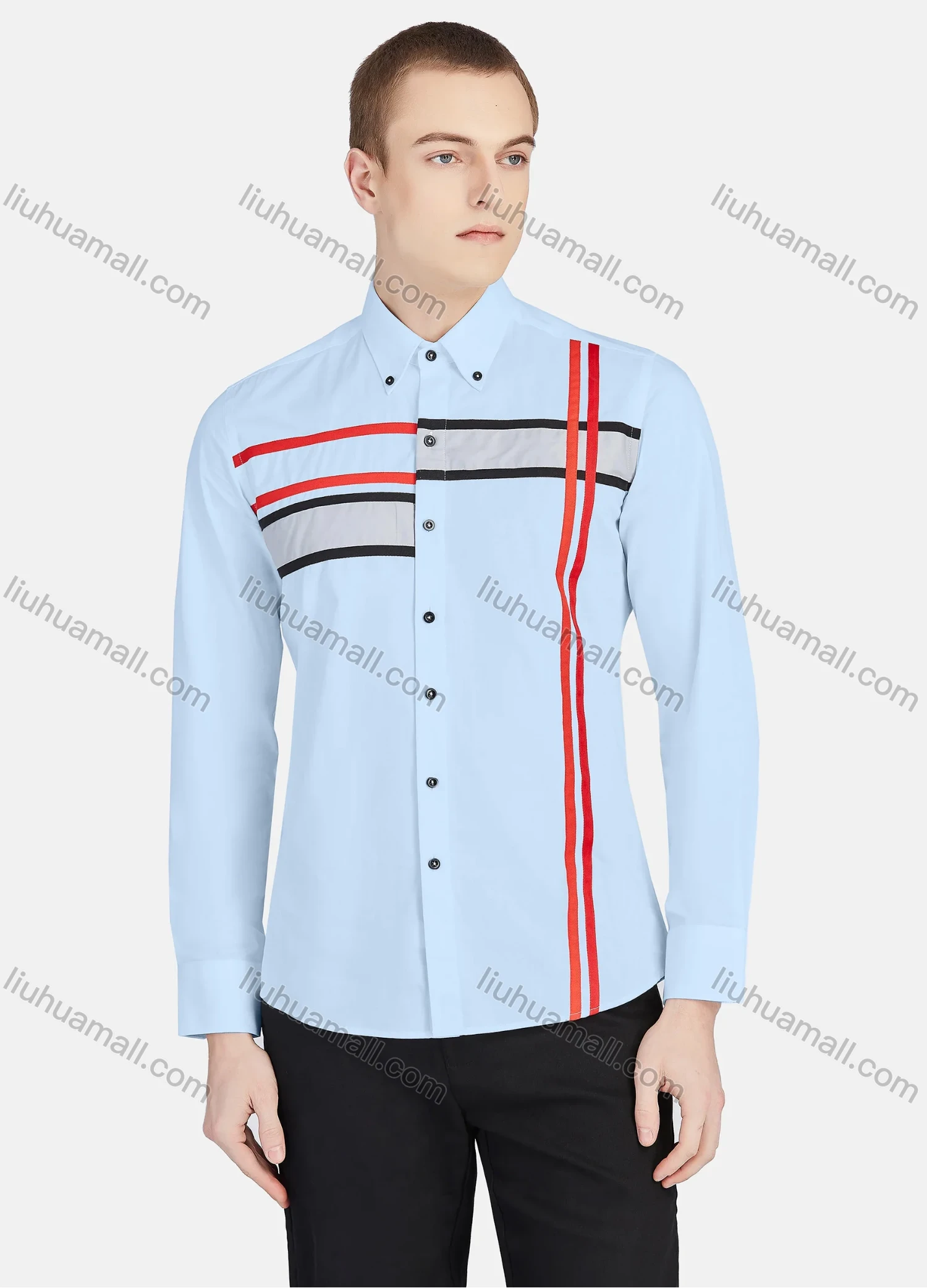 Wholesale Men's Casual Collared Long Sleeve Button Down Striped Shirt P001-3# - Liuhuamall