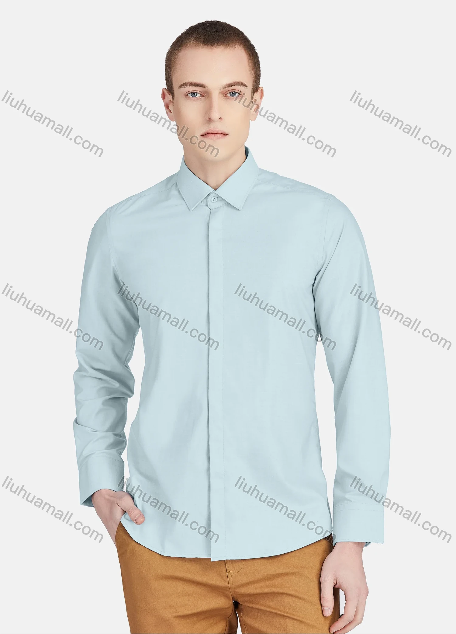 Wholesale Men's Casual Collared Long Sleeve Button Down Plain Shirt 5011# - Liuhuamall