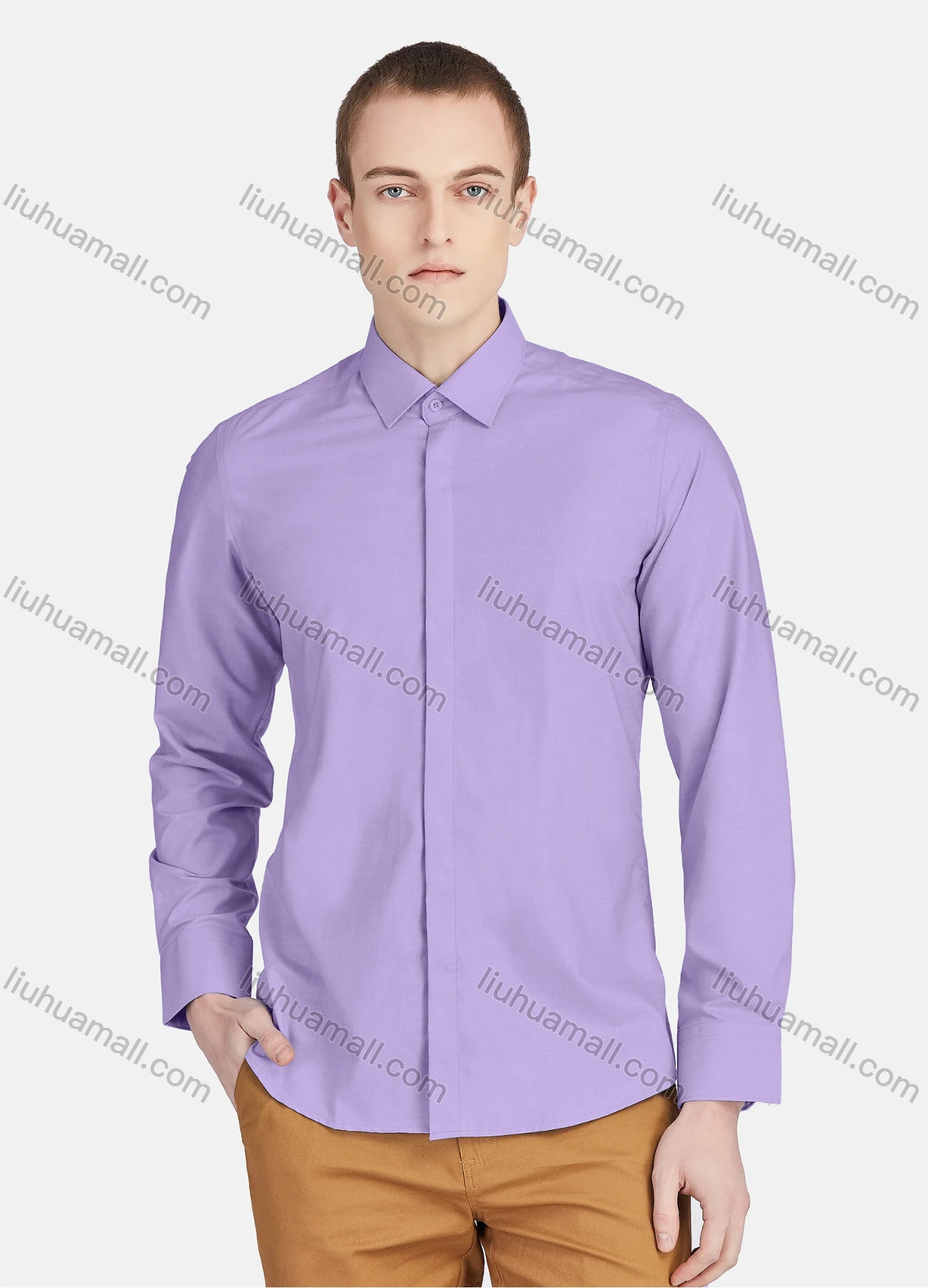 Wholesale Men's Casual Collared Long Sleeve Button Down Plain Shirt 5011# - Liuhuamall