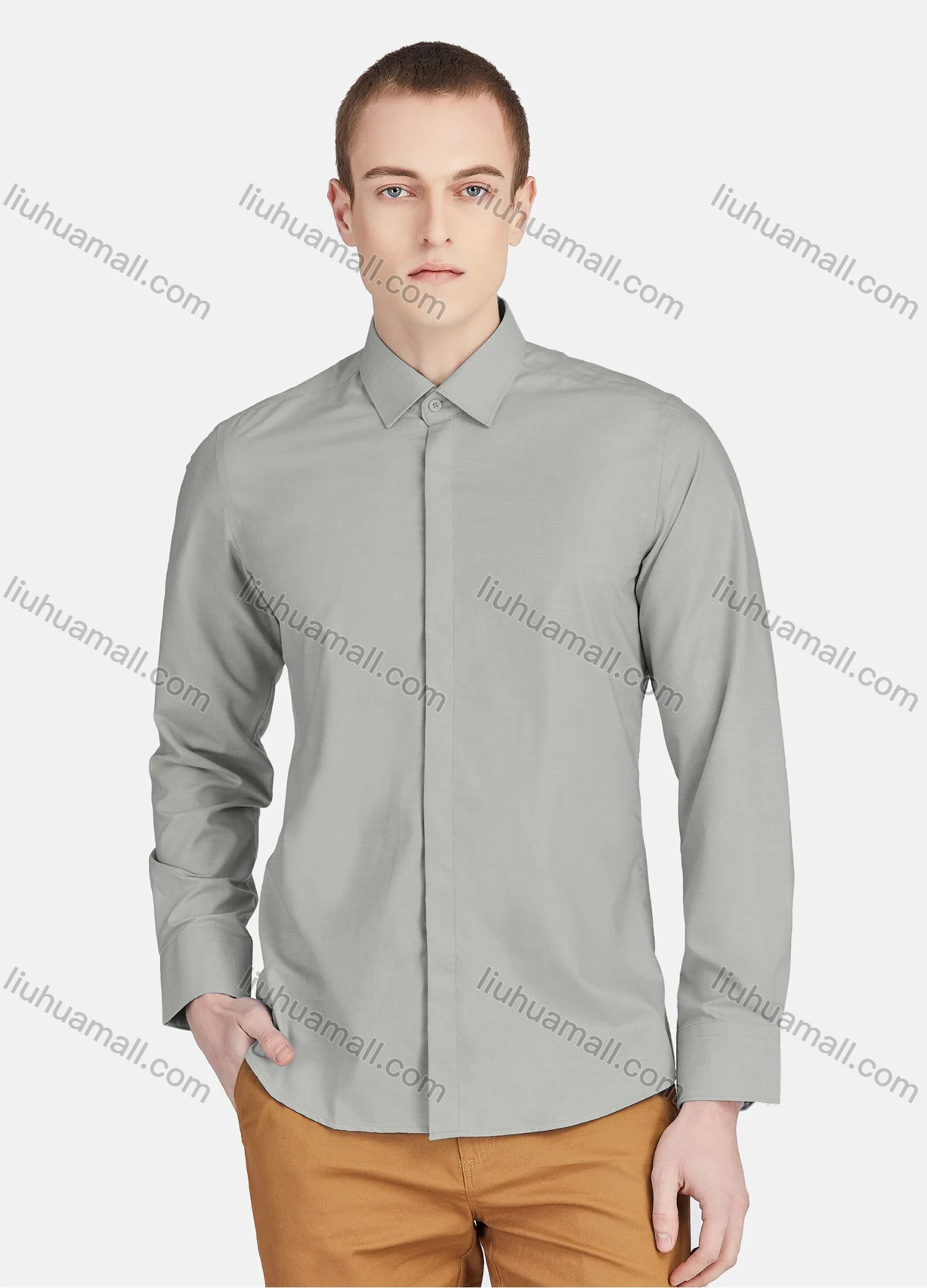 Wholesale Men's Casual Collared Long Sleeve Button Down Plain Shirt 5011# - Liuhuamall