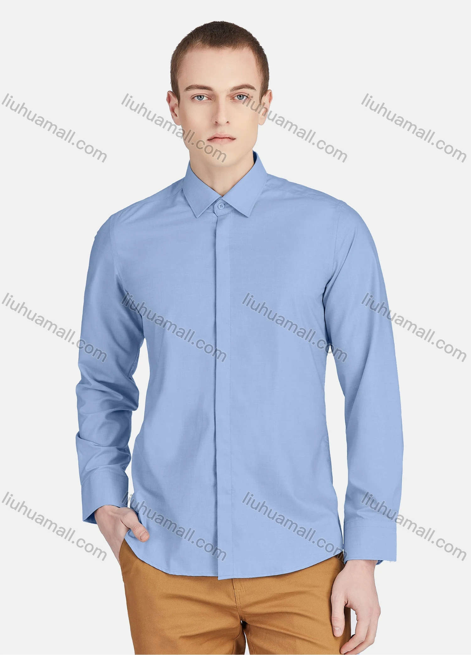 Wholesale Men's Casual Collared Long Sleeve Button Down Plain Shirt 5011# - Liuhuamall