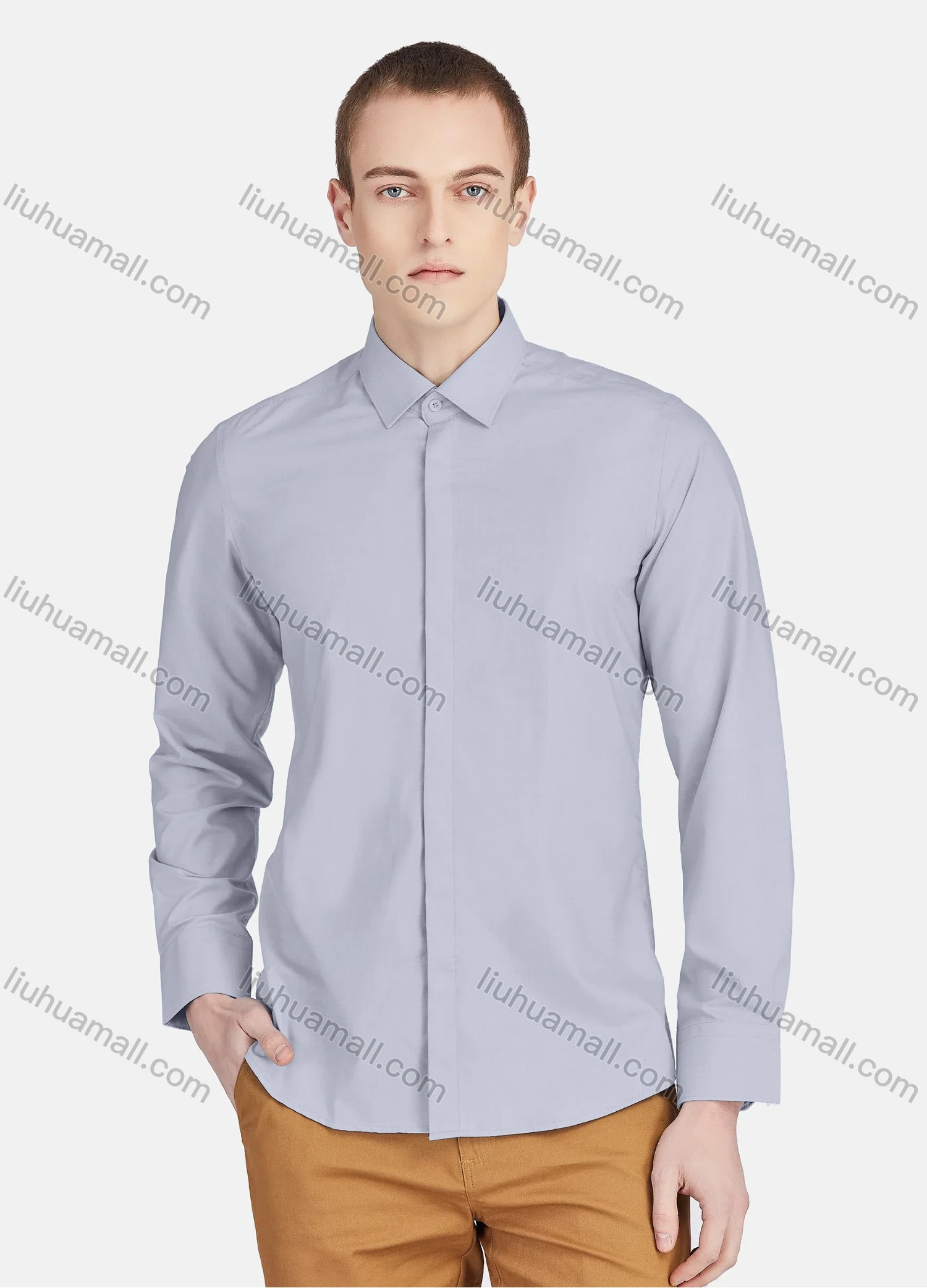 Wholesale Men's Casual Collared Long Sleeve Button Down Plain Shirt 5011# - Liuhuamall