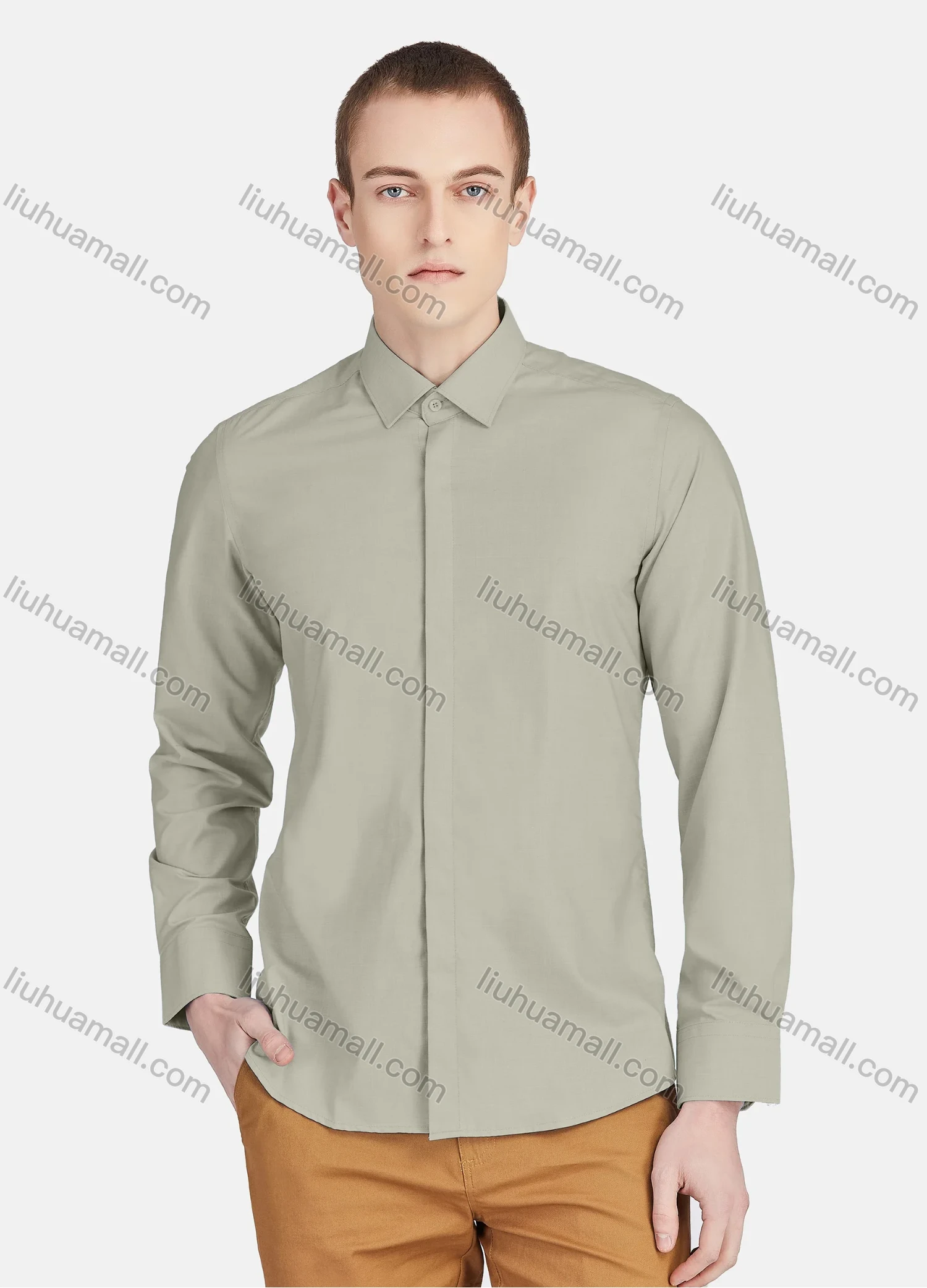Wholesale Men's Casual Collared Long Sleeve Button Down Plain Shirt 5011# - Liuhuamall