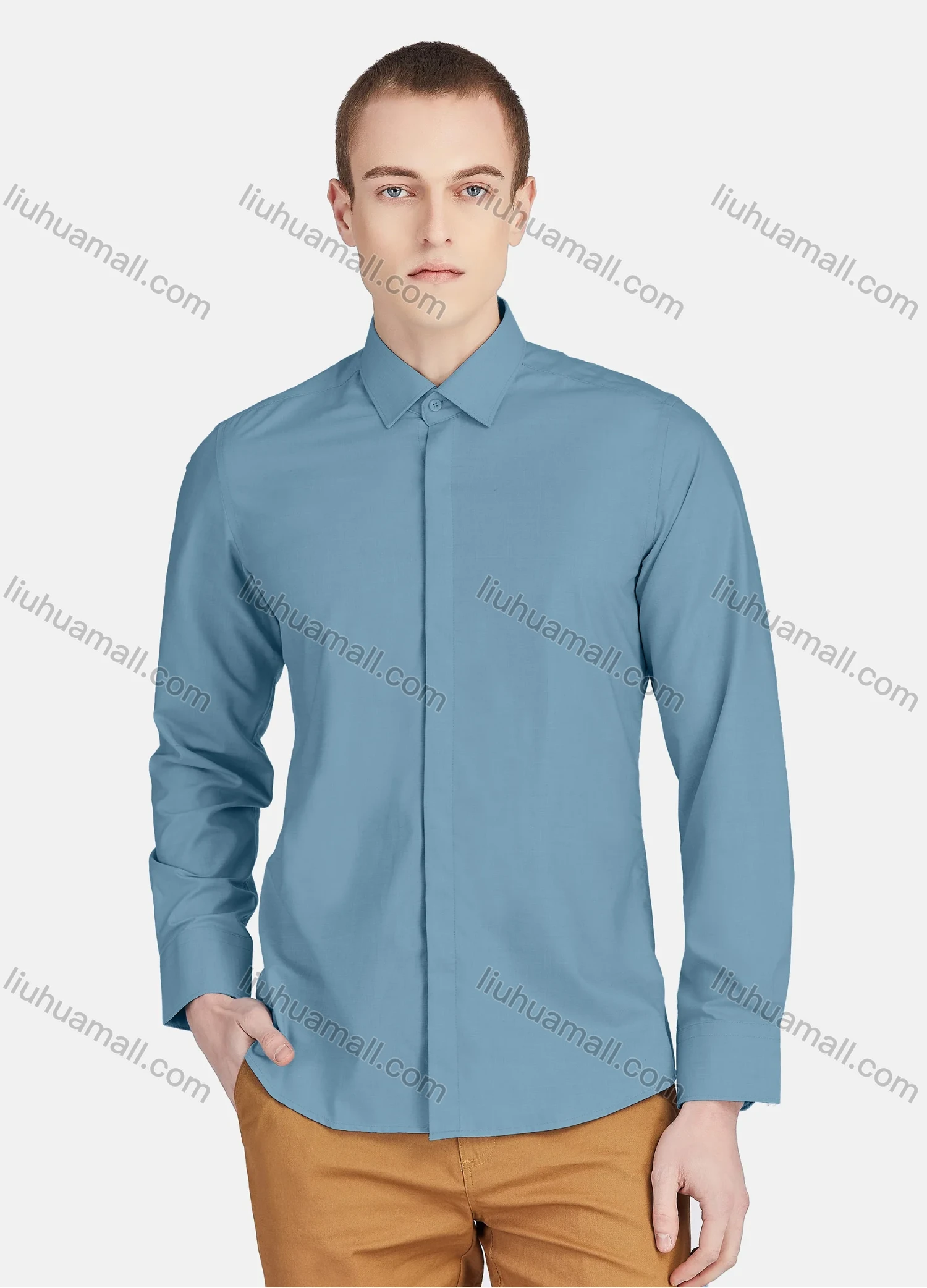 Wholesale Men's Casual Collared Long Sleeve Button Down Plain Shirt 5011# - Liuhuamall