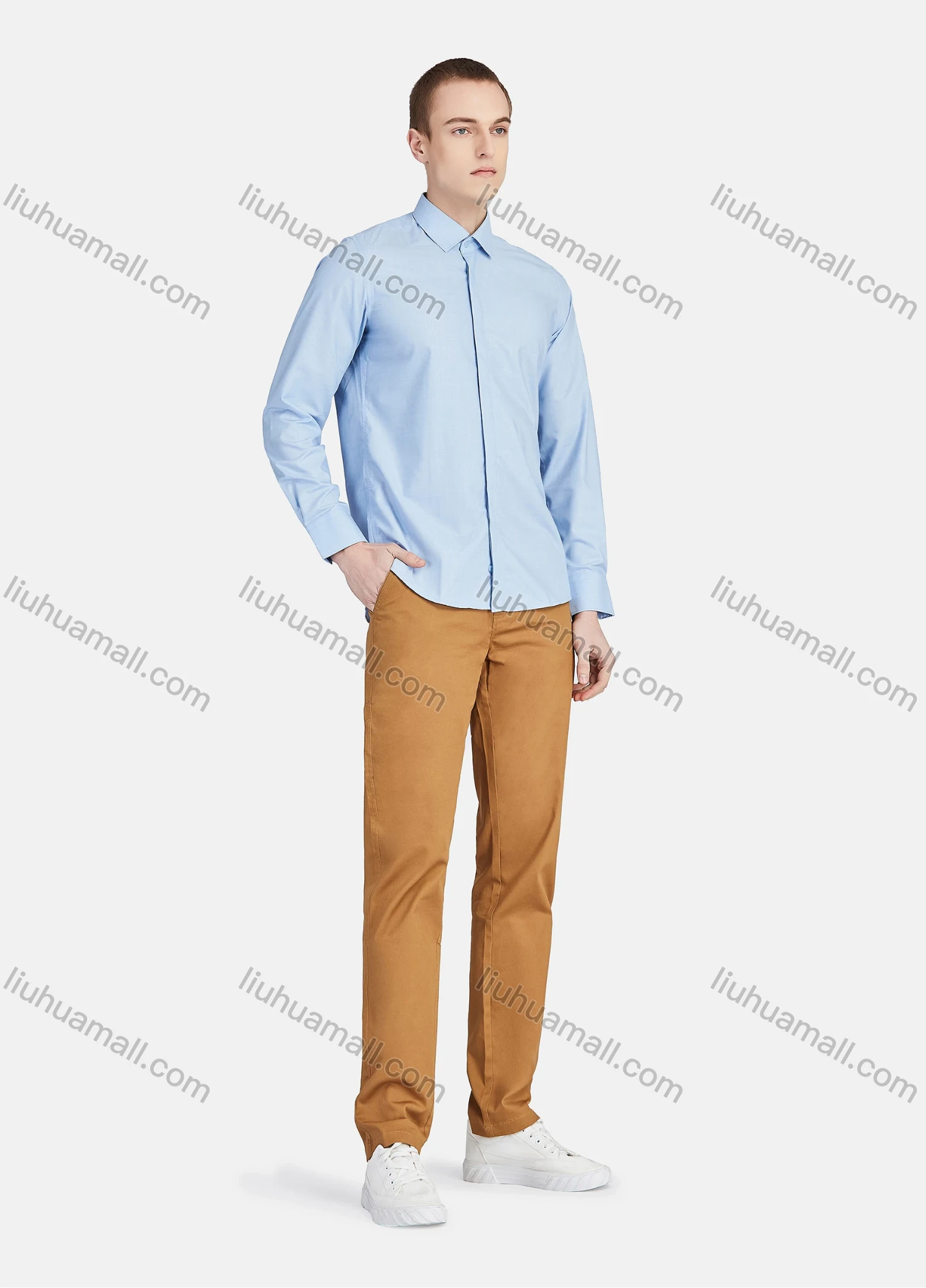 Wholesale Men's Casual Collared Long Sleeve Button Down Plain Shirt 5011# - Liuhuamall