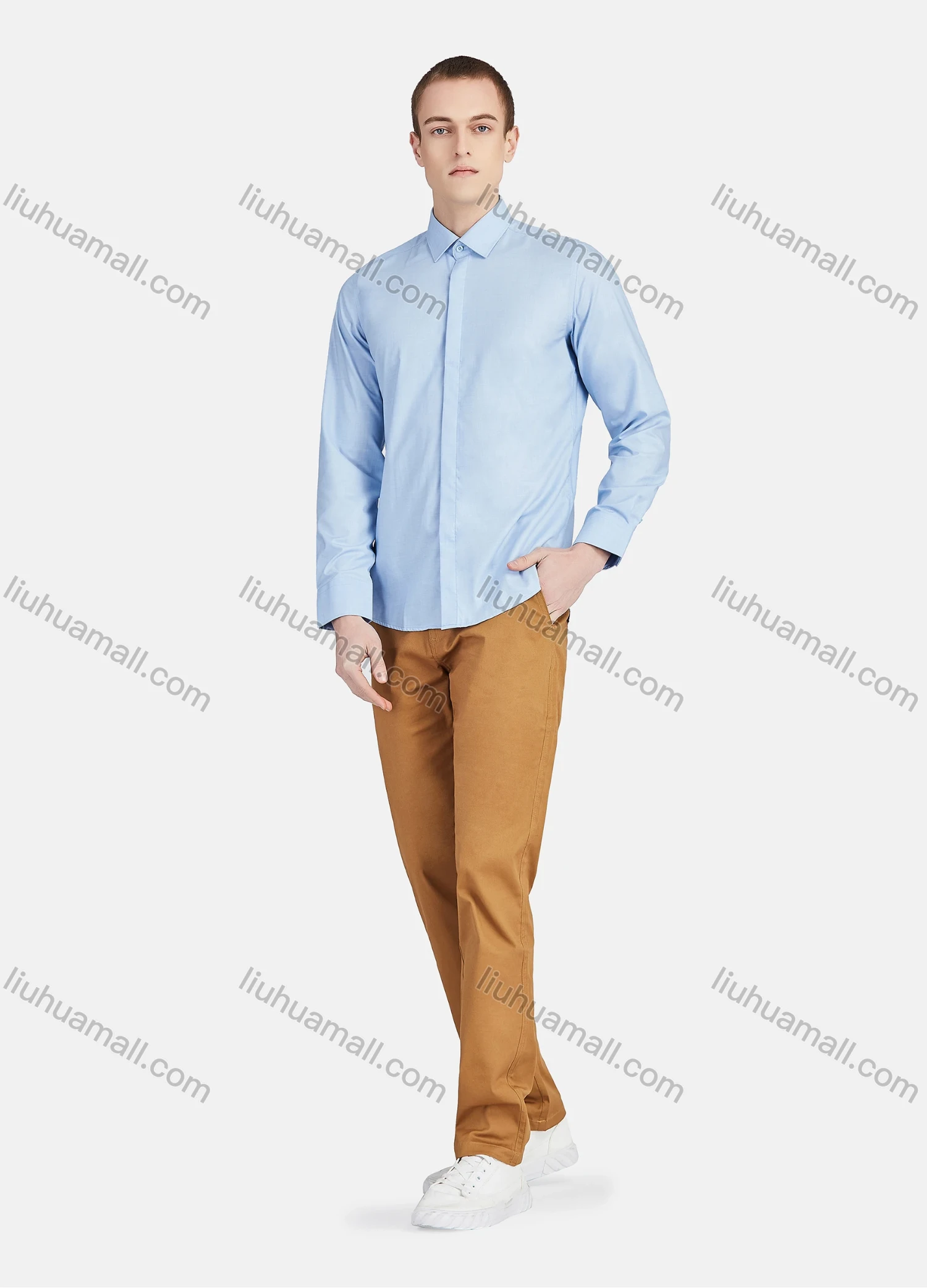 Wholesale Men's Casual Collared Long Sleeve Button Down Plain Shirt 5011# - Liuhuamall