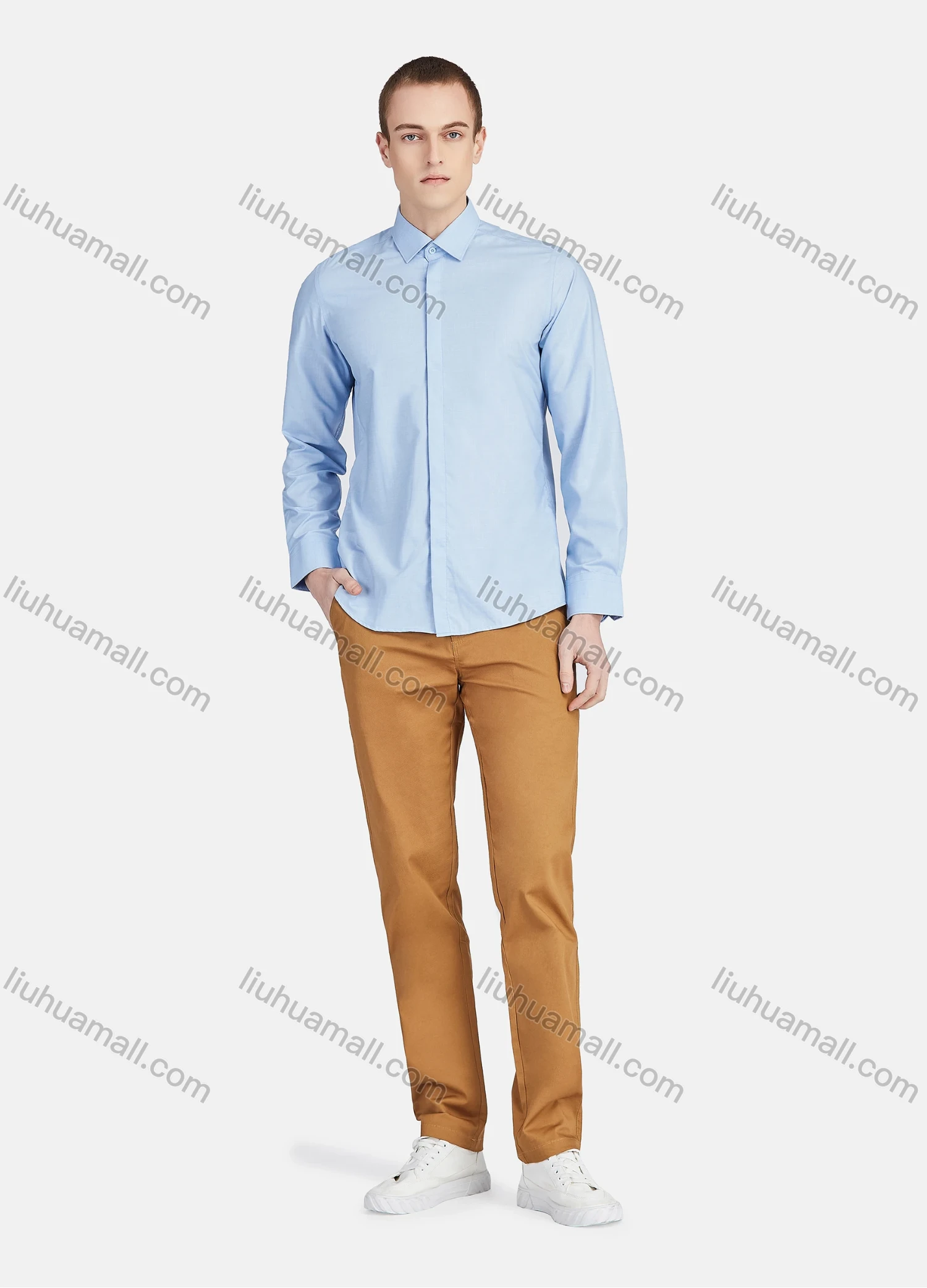 Wholesale Men's Casual Collared Long Sleeve Button Down Plain Shirt 5011# - Liuhuamall