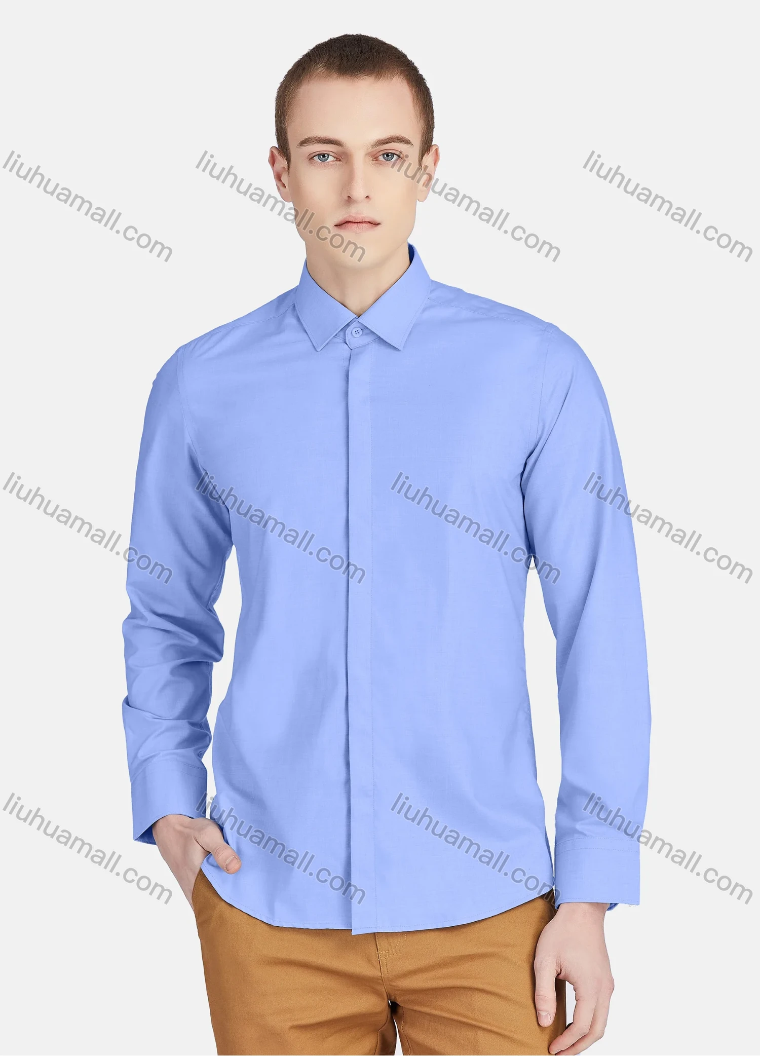 Wholesale Men's Casual Collared Long Sleeve Button Down Plain Shirt 5011# - Liuhuamall