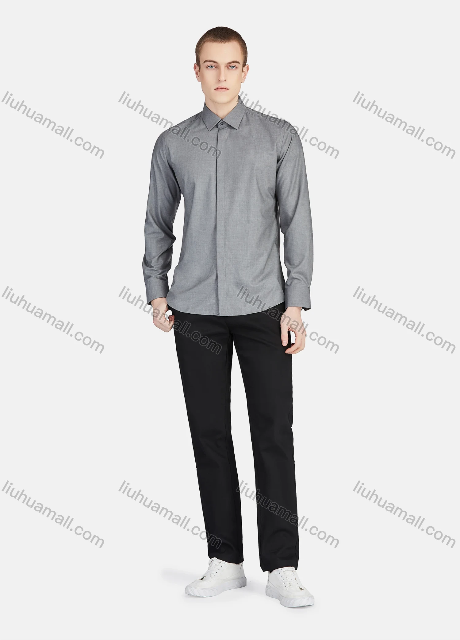 Wholesale Men's Casual Plain Collared Long Sleeve Button Down Shirt 5005# - Liuhuamall