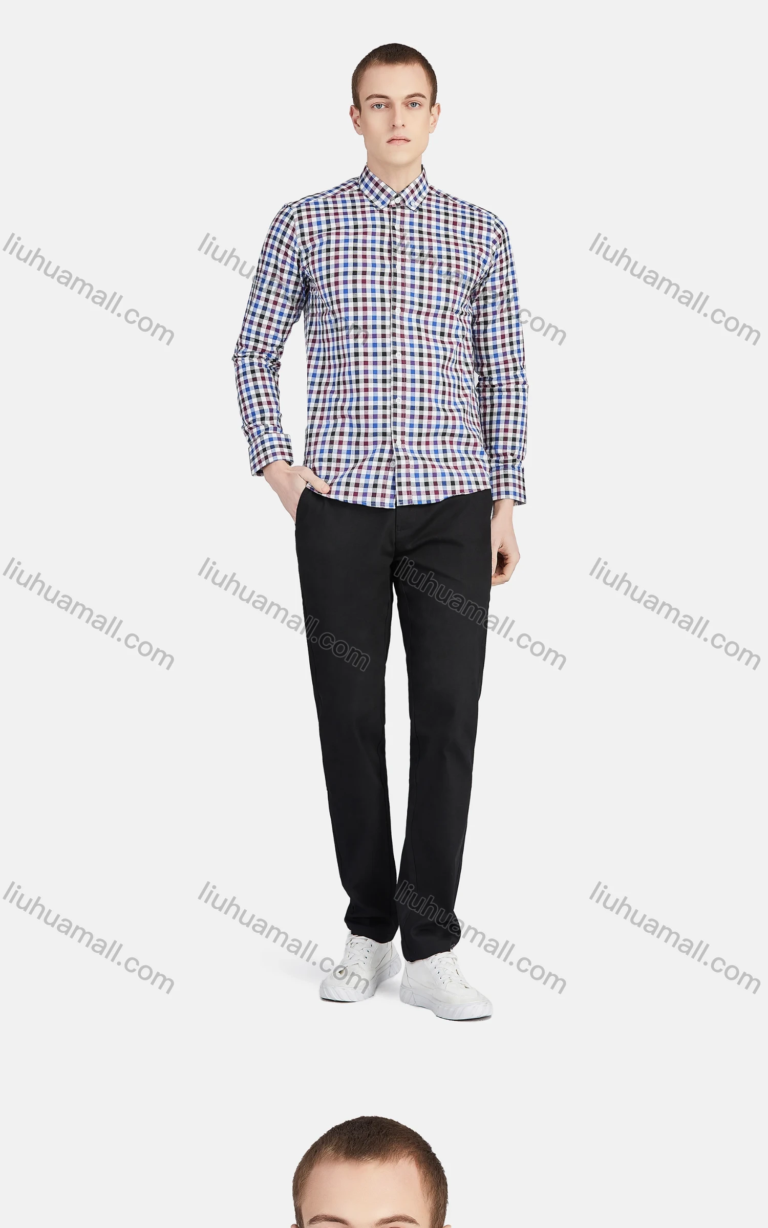 Wholesale Men's Casual Collared Long Sleeve Button Down Plaid Shirt 7-31# - Liuhuamall