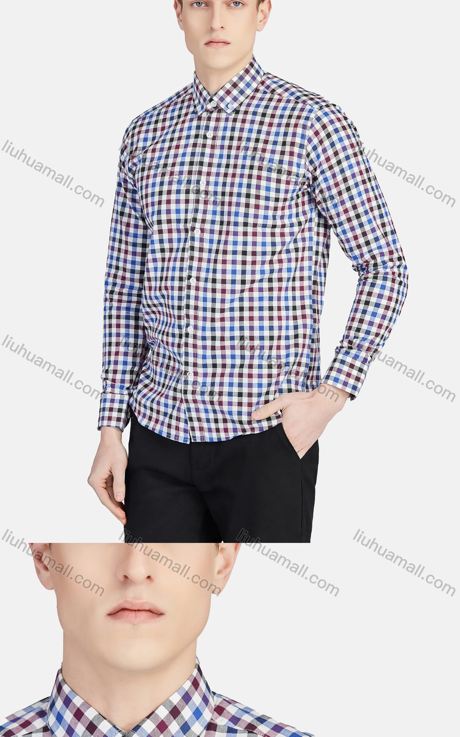 Wholesale Men's Casual Collared Long Sleeve Button Down Plaid Shirt 7-31# - Liuhuamall