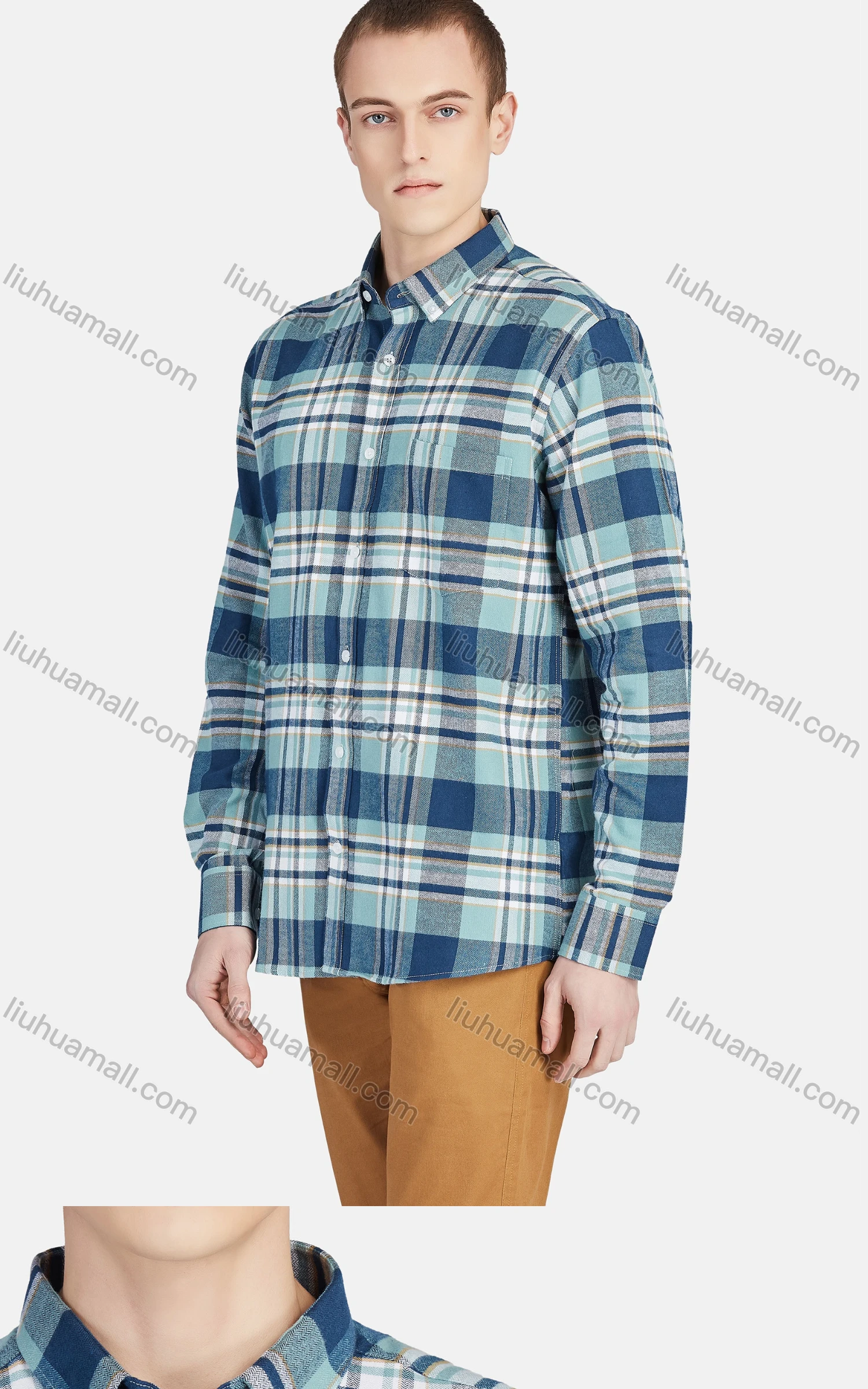Wholesale Men's Casual Collared Long Sleeve Button Down Plaid Shirt 7-322# - Liuhuamall