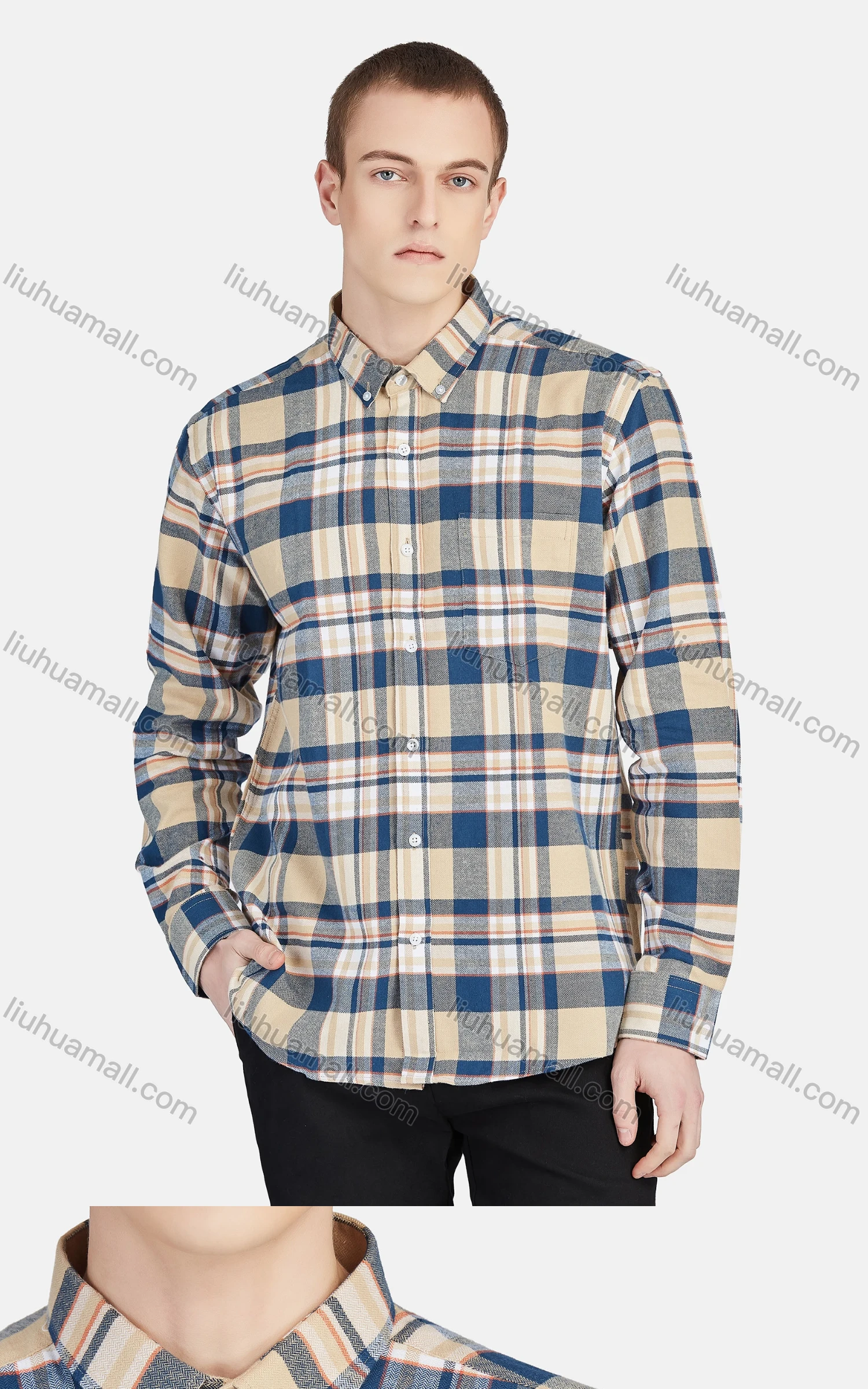 Wholesale Men's Casual Collared Long Sleeve Button Down Plaid Shirt 7-323# - Liuhuamall