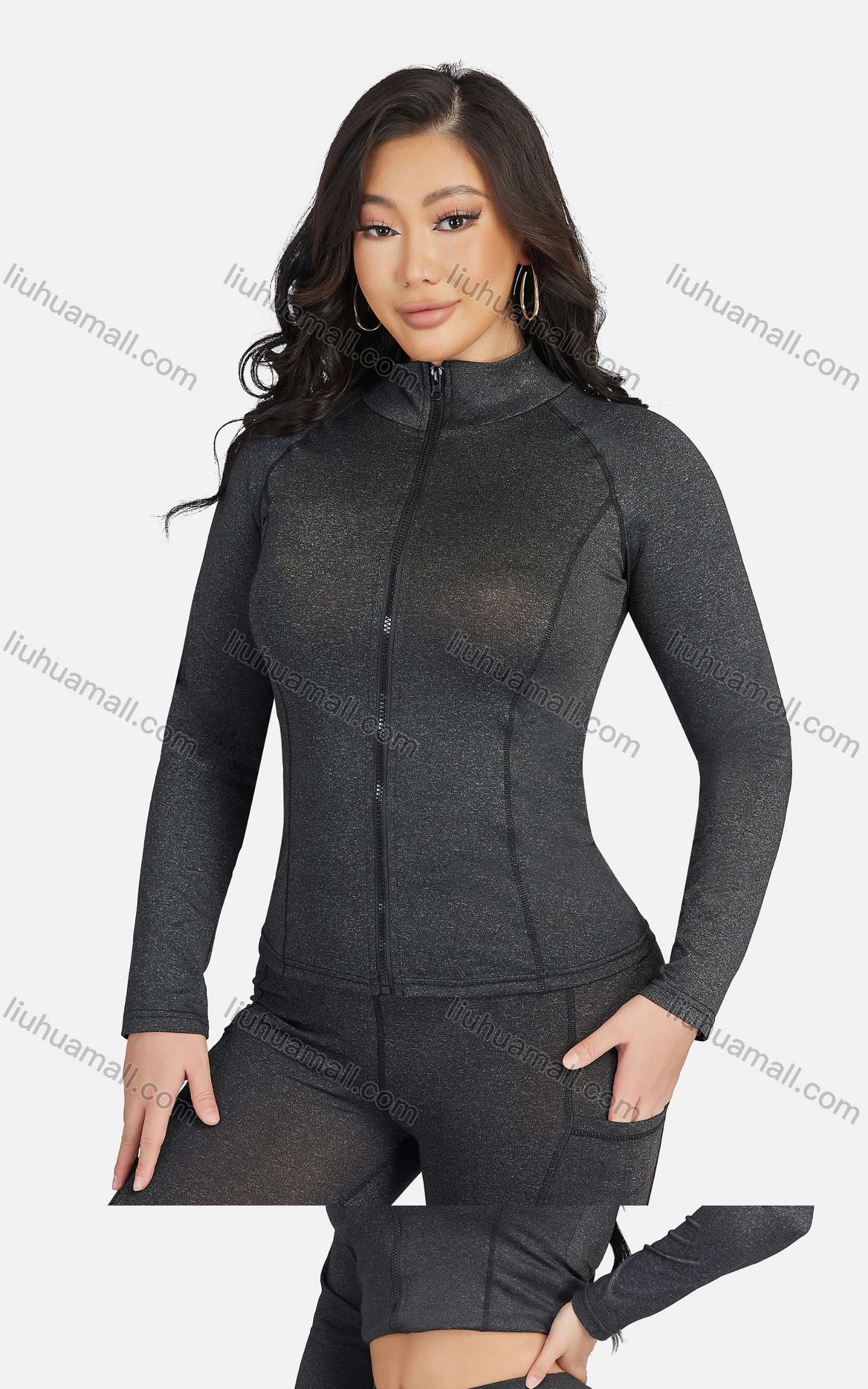 Wholesale Women's Sporty High Neck Plain Zipper Long Sleeve Top & Jogger Set - Liuhuamall