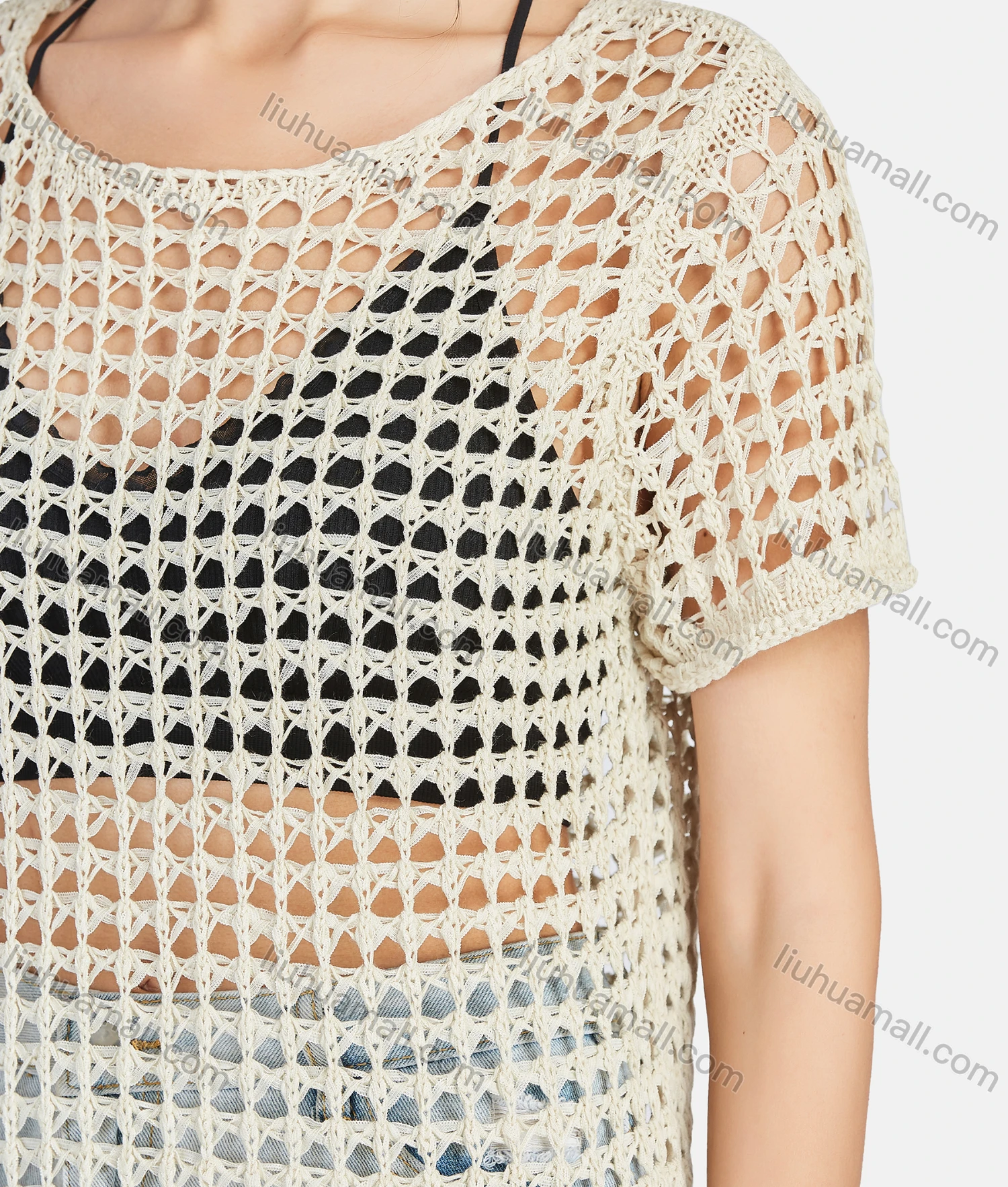 Wholesale Women's Casual Crew Neck Short Sleeve Hollow Out Cover Up - Liuhuamall