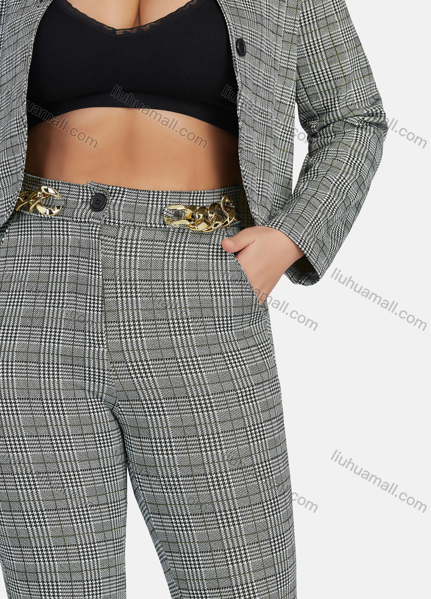 Wholesale Women's Fashion Crew Neck Plaid Single Breasted Crop Jacket & Trouser Set 2-Piece Suit 9130-2# - Liuhuamall
