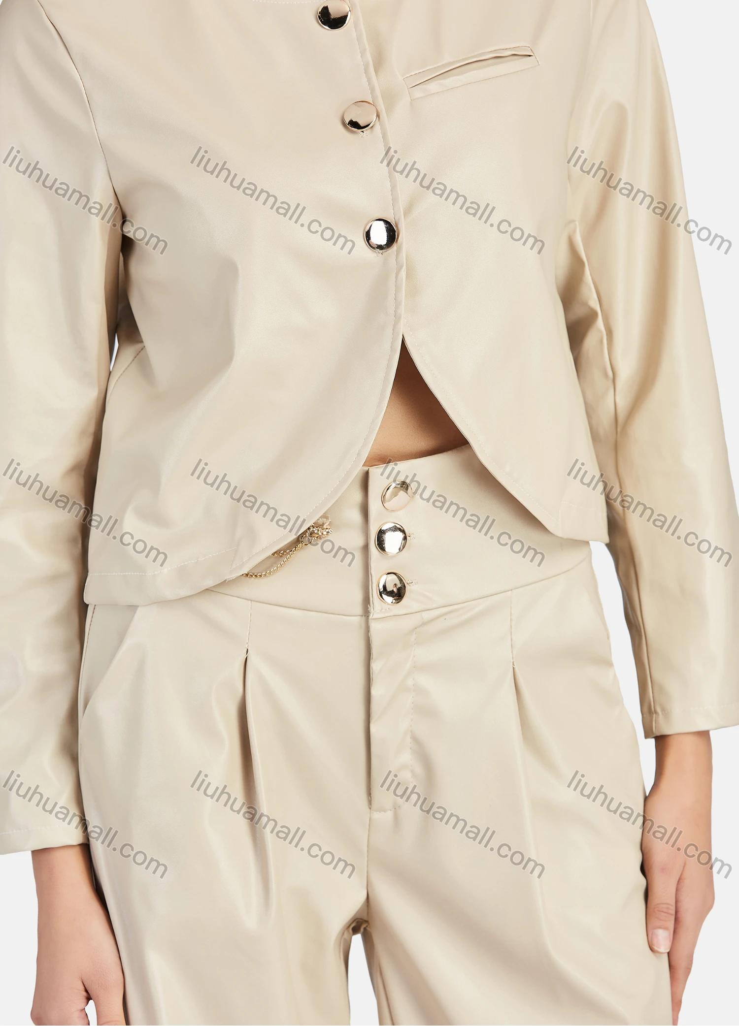 Wholesale Women's Casual Plain Button Front Leather Jacket & Pant 2-Piece Set 9166-1# - Liuhuamall