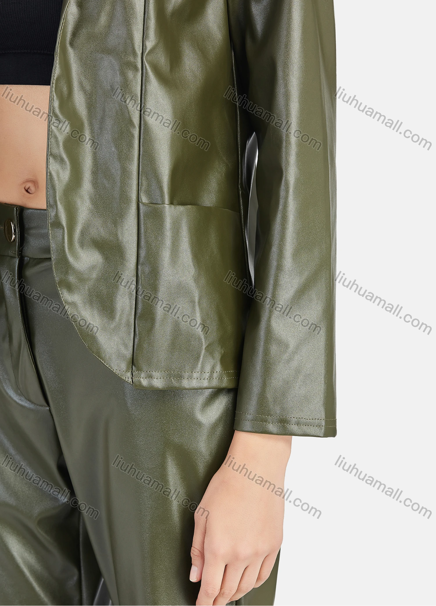 Wholesale Women's Casual Plain Patch Pockets Leather Jacket & Pant 2-Piece Set 9169-1# - Liuhuamall