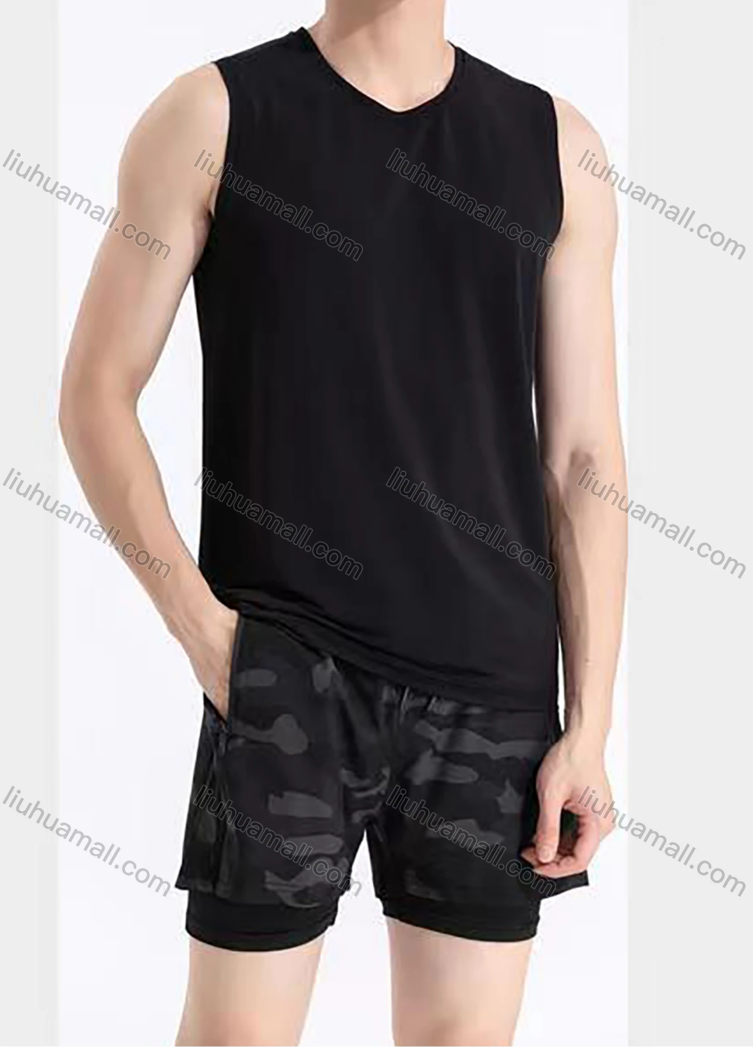 Wholesale Men's 2-in-1 Athletic Workout Camouflage Zipper Pockets Drawstring Elastic Waist Shorts 2219# - Liuhuamall