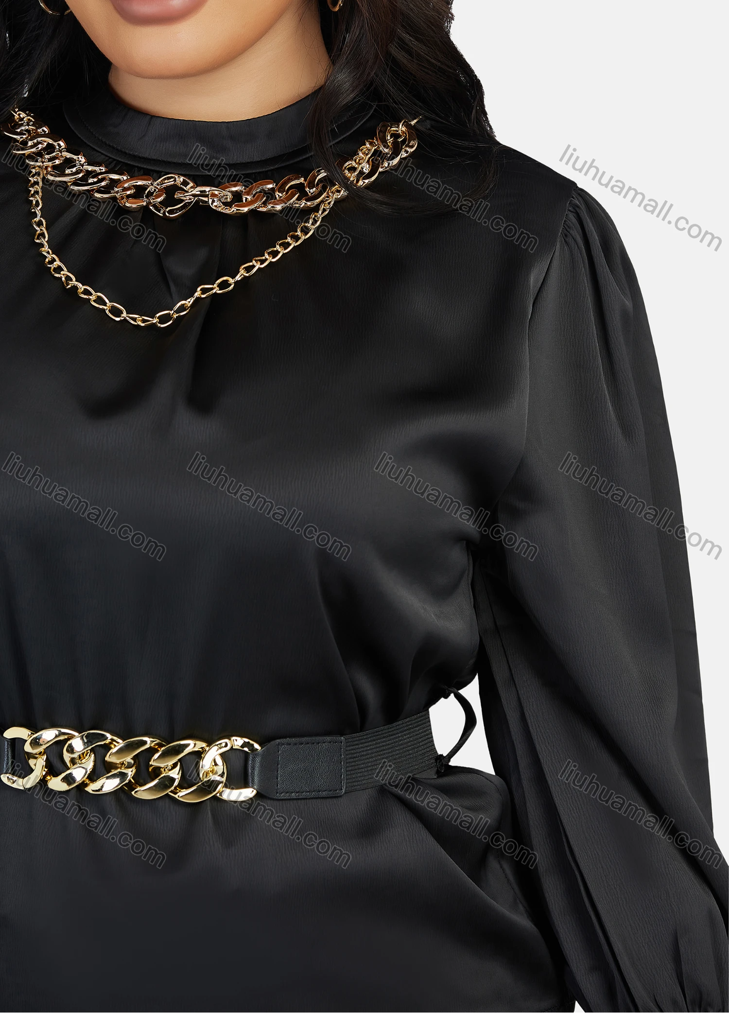 Wholesale Women's Casual Poet Sleeve Blouse With Belt & Pleated Skirt 2-Piece Set 9148-1# - Liuhuamall