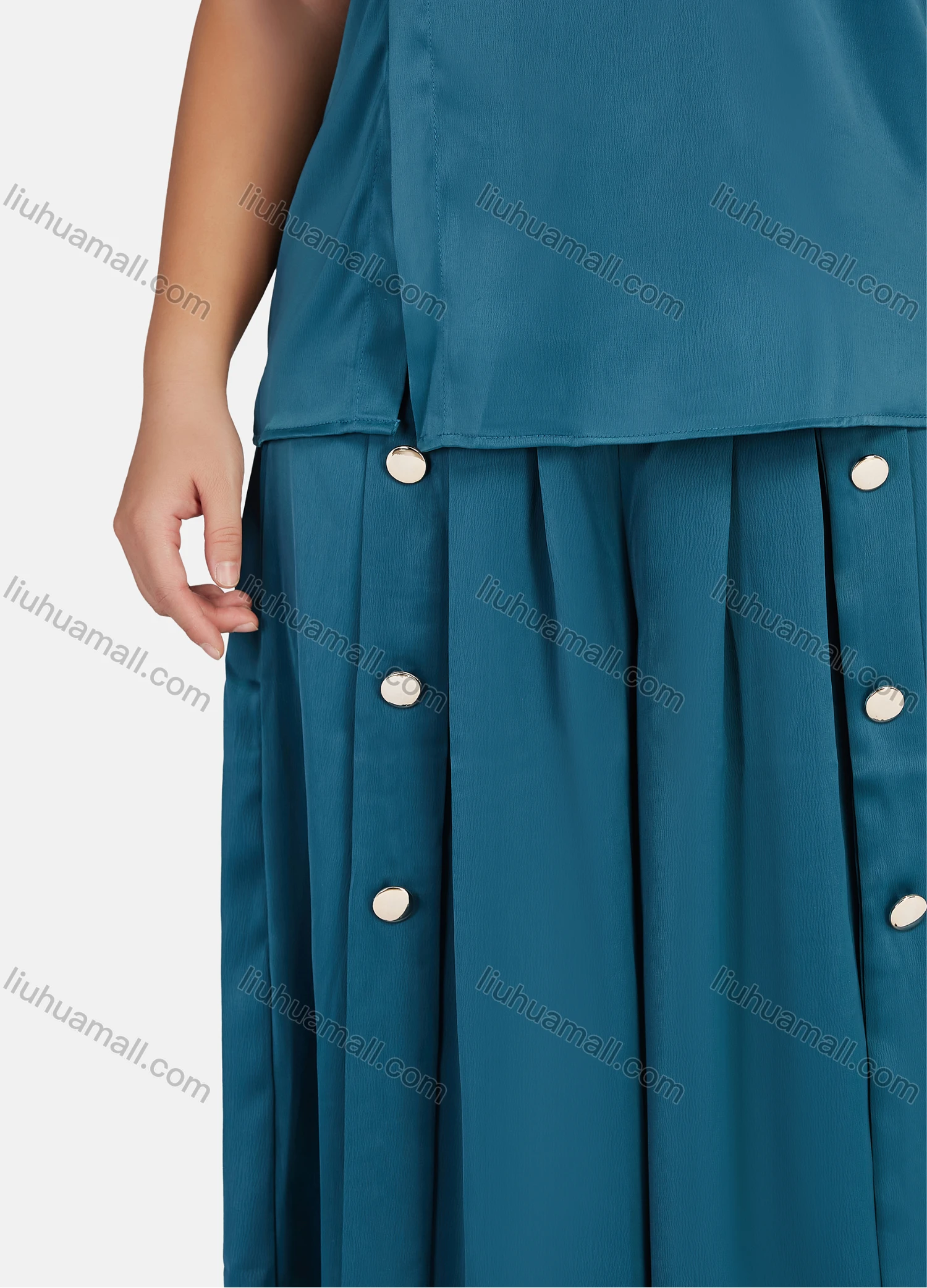 Wholesale Women's Casual Short Sleeve Blouse With Belt & Pleated Skirt 2-Piece Set 9152-1# - Liuhuamall