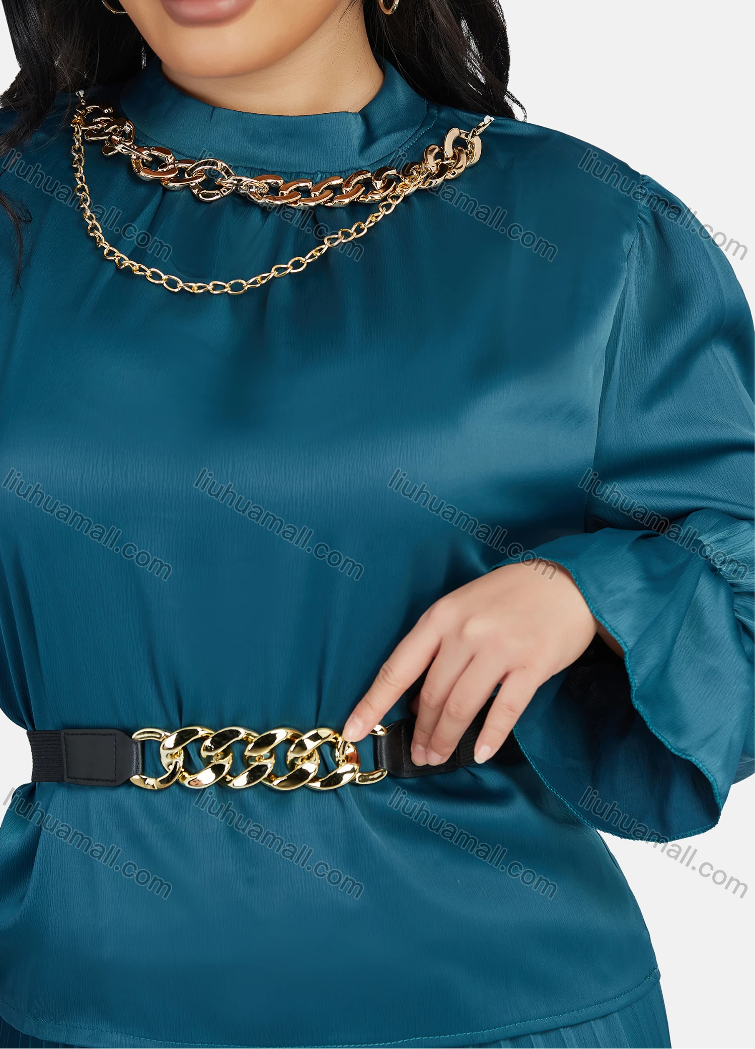 Wholesale Women's Casual Poet Sleeve Belted Blouse & Palazzo Pants 2-Piece Set 9154-1# - Liuhuamall