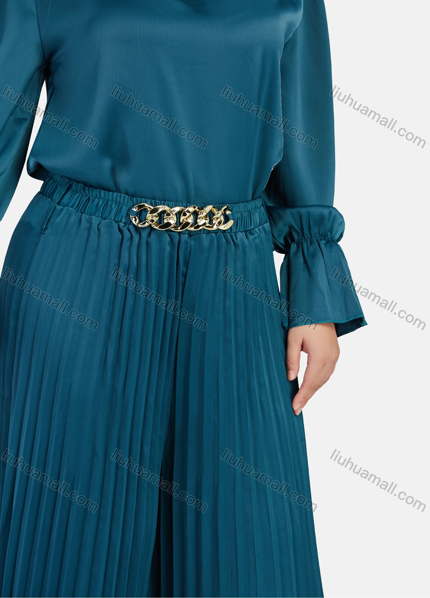 Wholesale Women's Casual Poet Sleeve Belted Blouse & Palazzo Pants 2-Piece Set 9154-1# - Liuhuamall