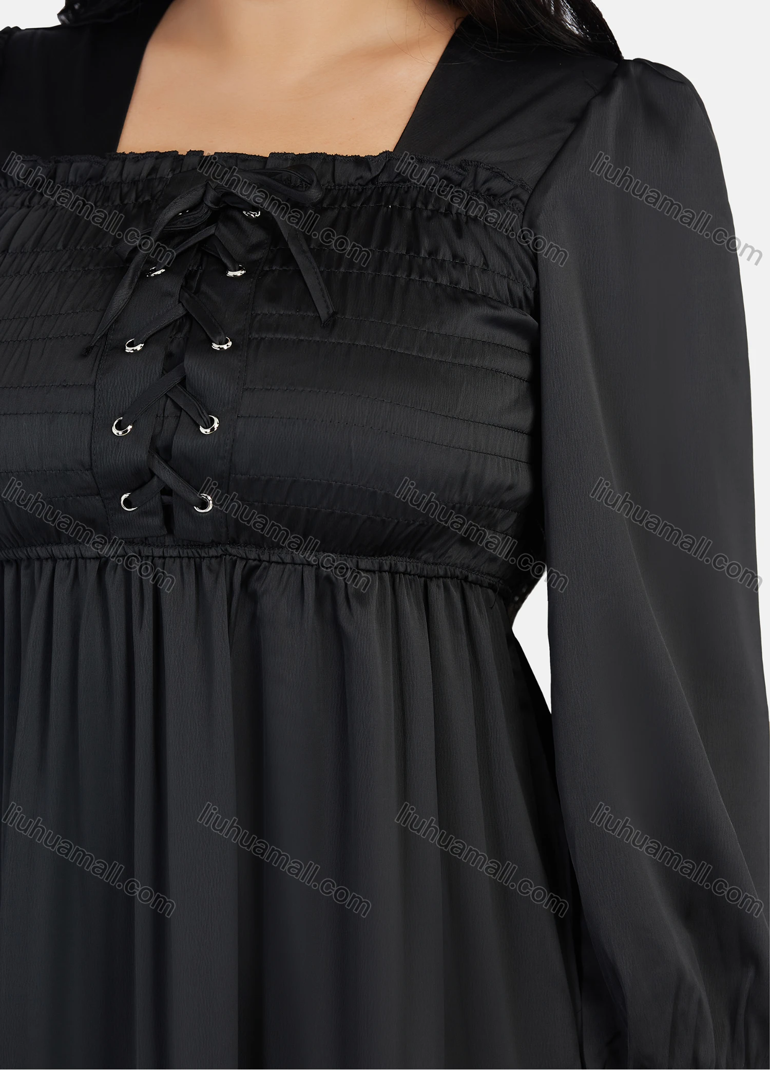 Wholesale Woman's Casual Plain Square Neck Tiered Lace Up Dress 9144# - Liuhuamall