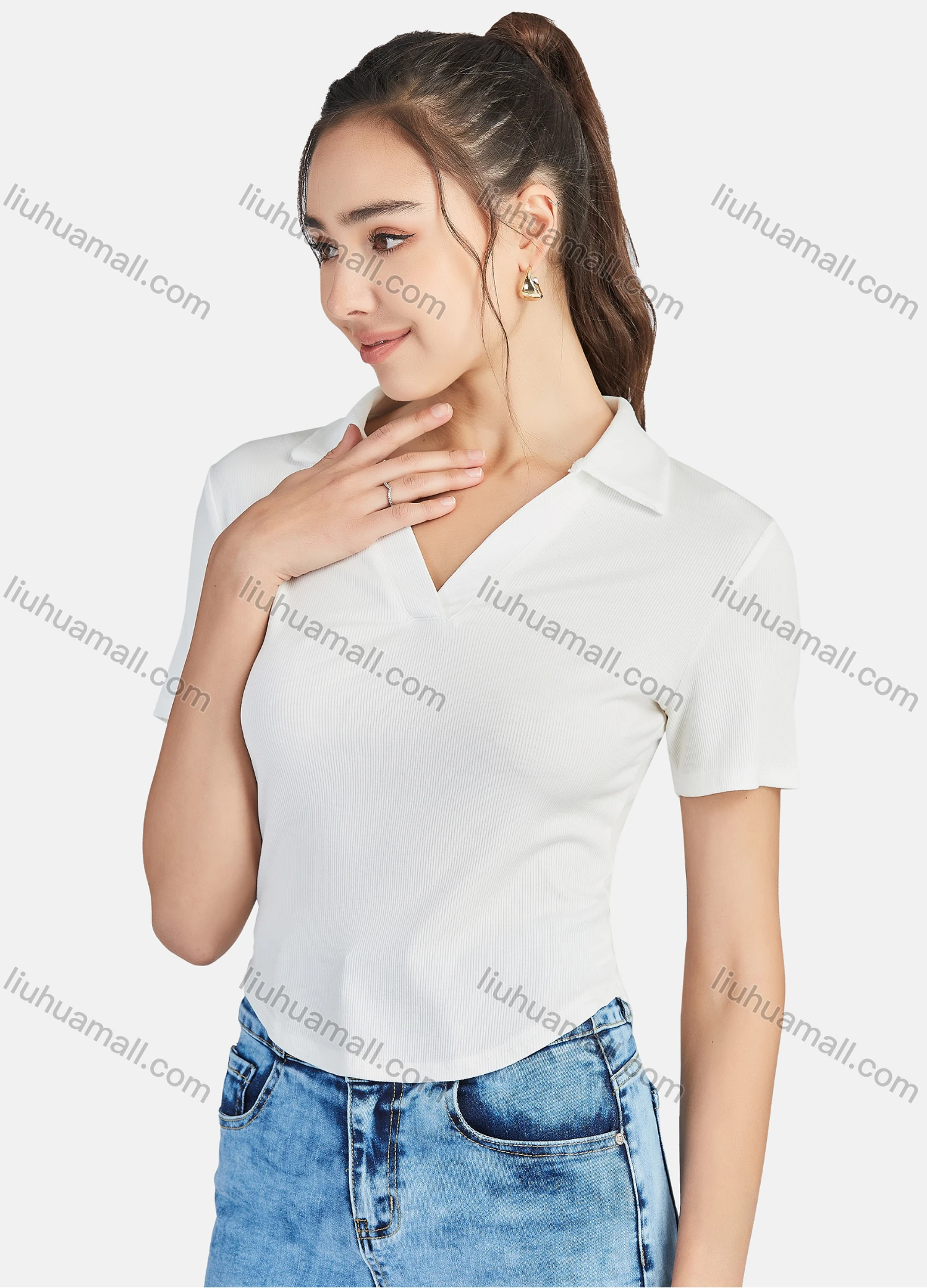 Wholesale Women's Casual Plain Turn-down Collar Short Sleeve Curved Hem Slim Fit Crop Blouse - Liuhuamall