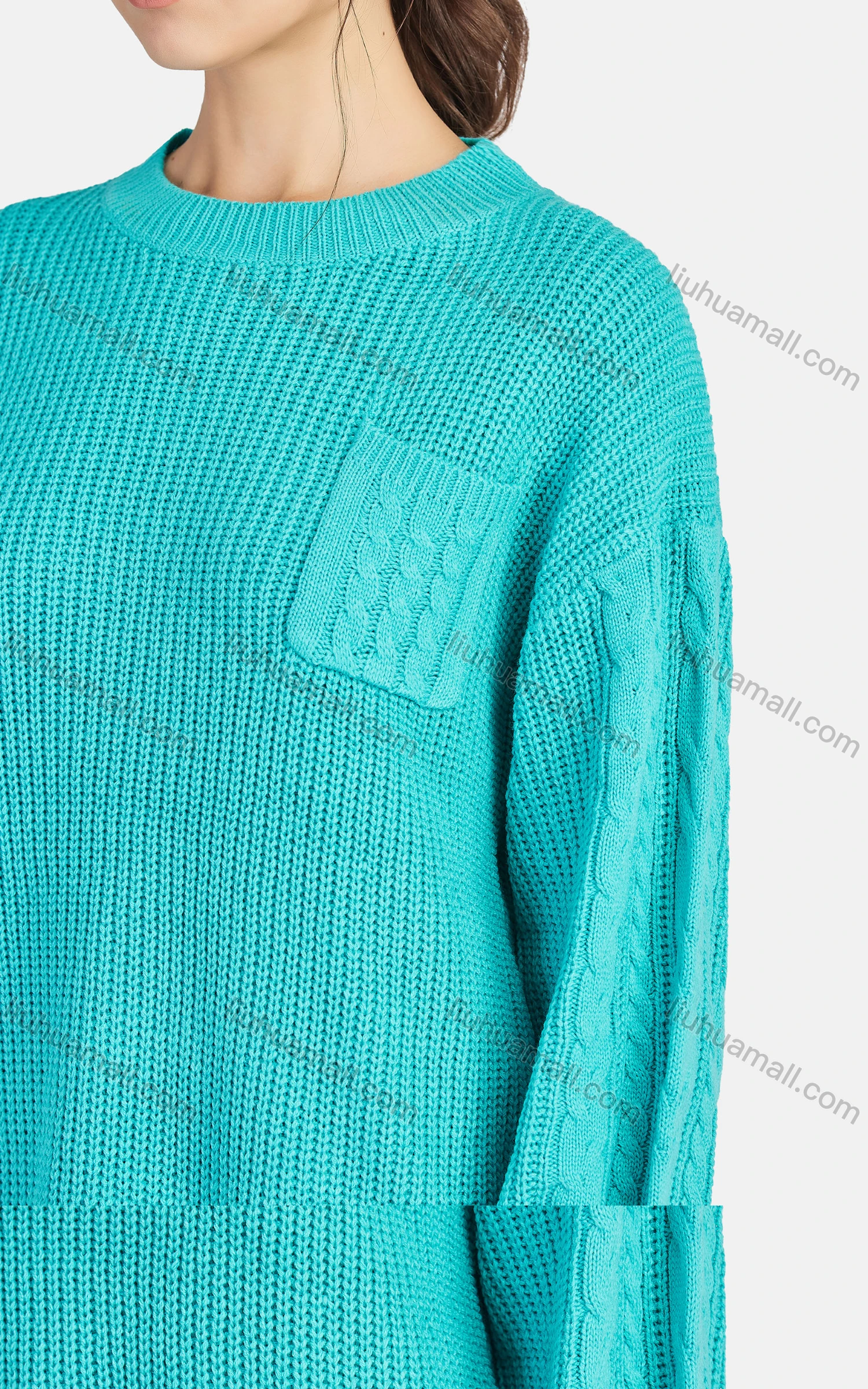 Wholesale Women's Casual Crew Neck Long Sleeve Patch Pocket Plain Knit Sweater - Liuhuamall