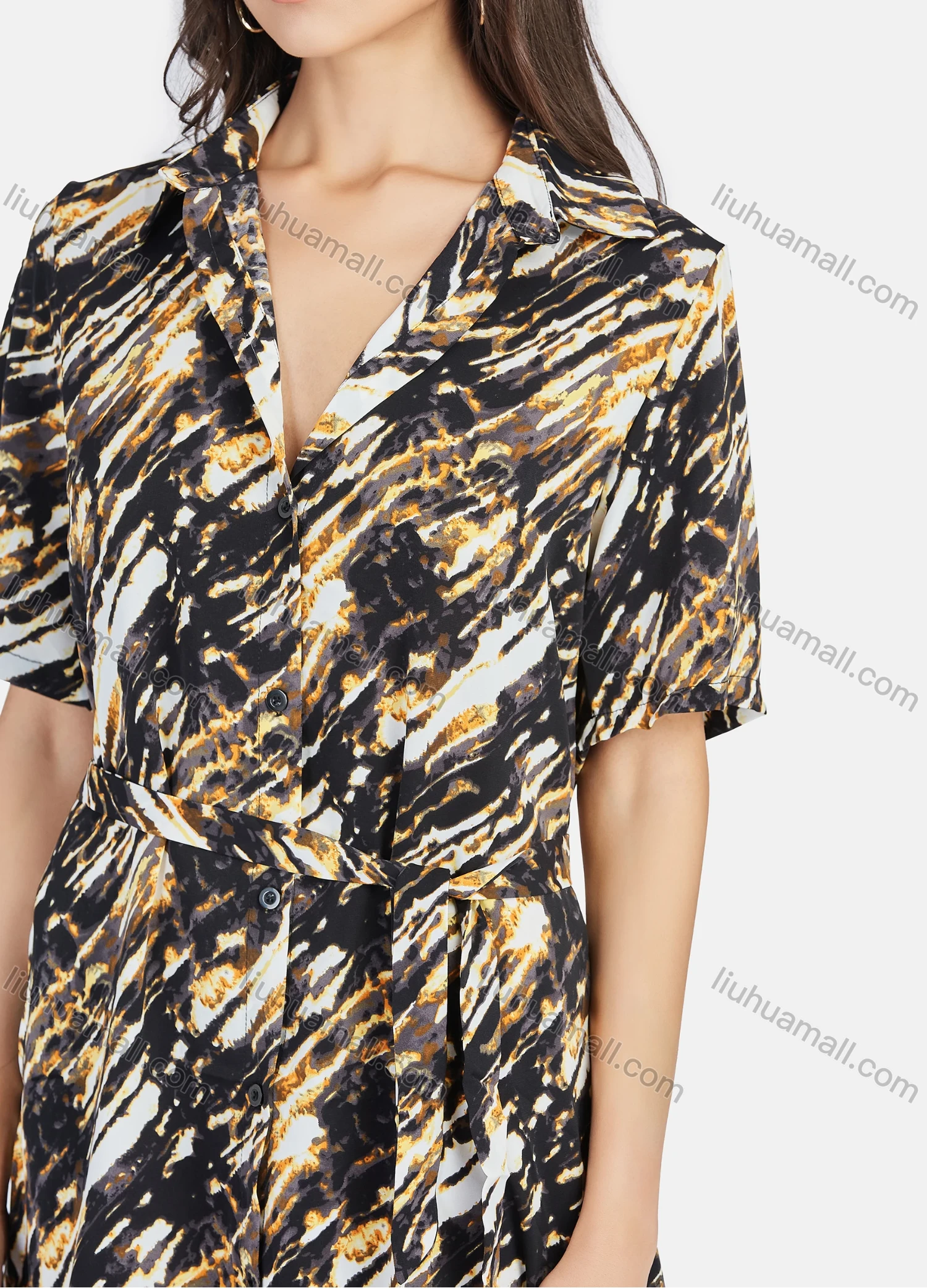 Wholesale Women's Casual Collared Allover Print Tunic Short Sleeve Shirt Dress With Belt - Liuhuamall