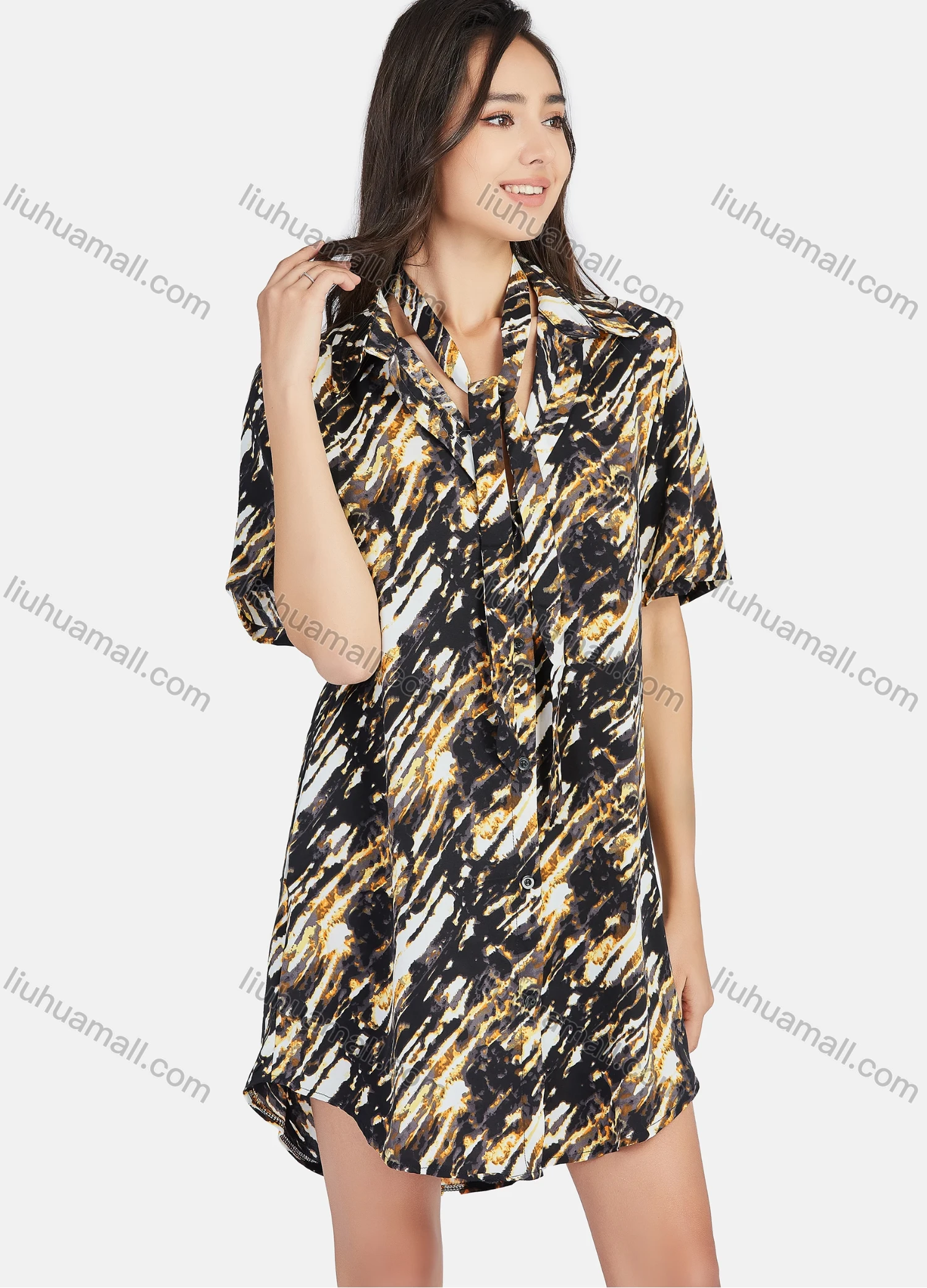 Wholesale Women's Casual Collared Allover Print Tunic Short Sleeve Shirt Dress With Belt - Liuhuamall