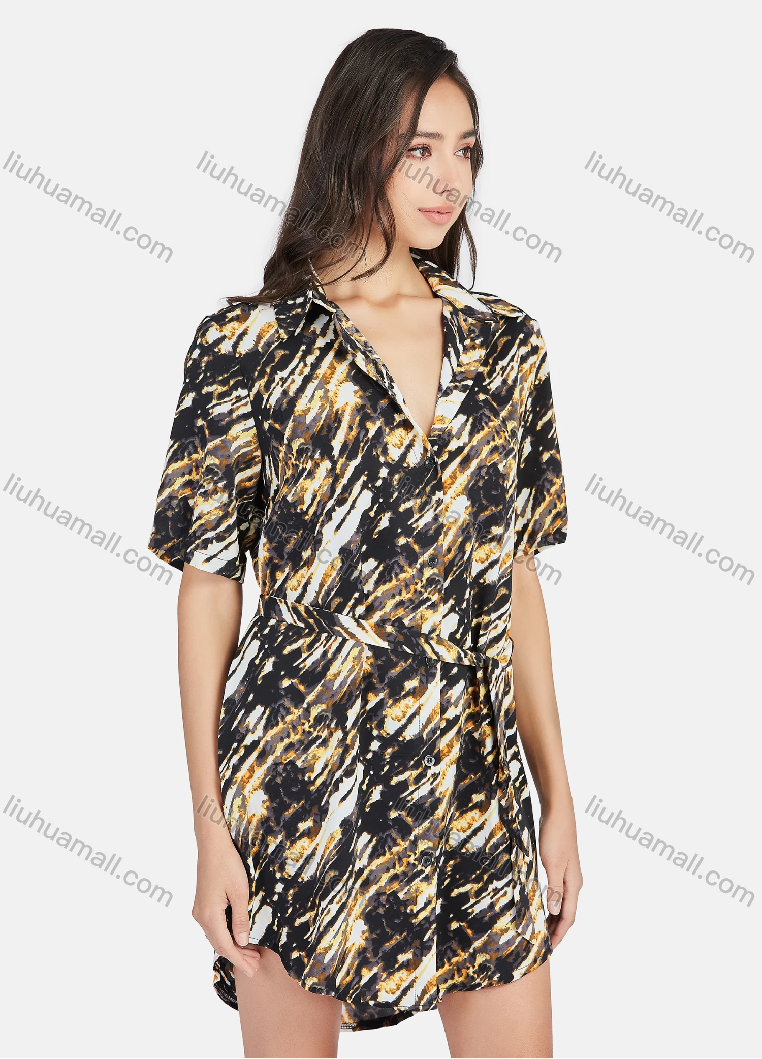 Wholesale Women's Casual Collared Allover Print Tunic Short Sleeve Shirt Dress With Belt - Liuhuamall