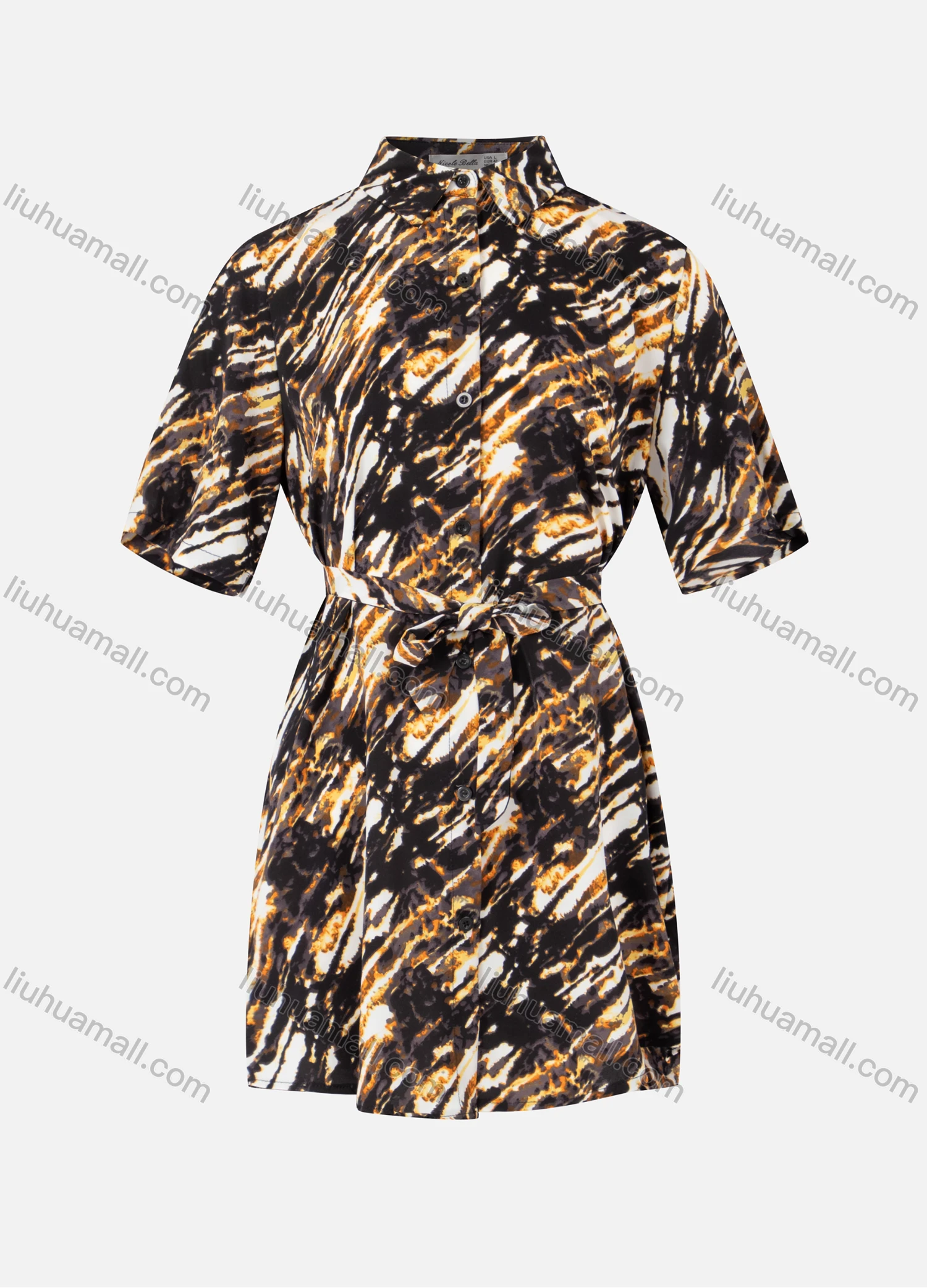 Wholesale Women's Casual Collared Allover Print Tunic Short Sleeve Shirt Dress With Belt - Liuhuamall