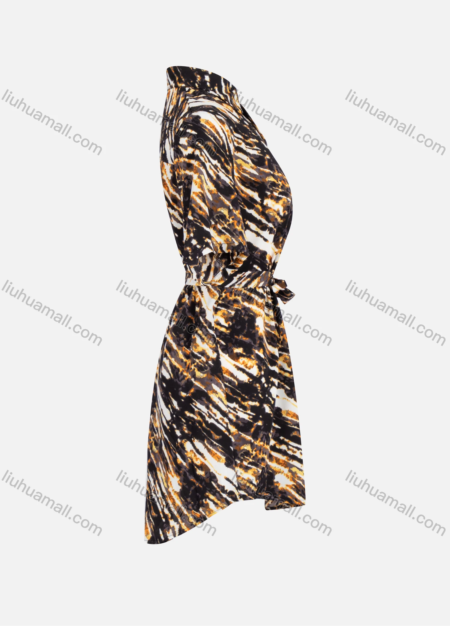 Wholesale Women's Casual Collared Allover Print Tunic Short Sleeve Shirt Dress With Belt - Liuhuamall