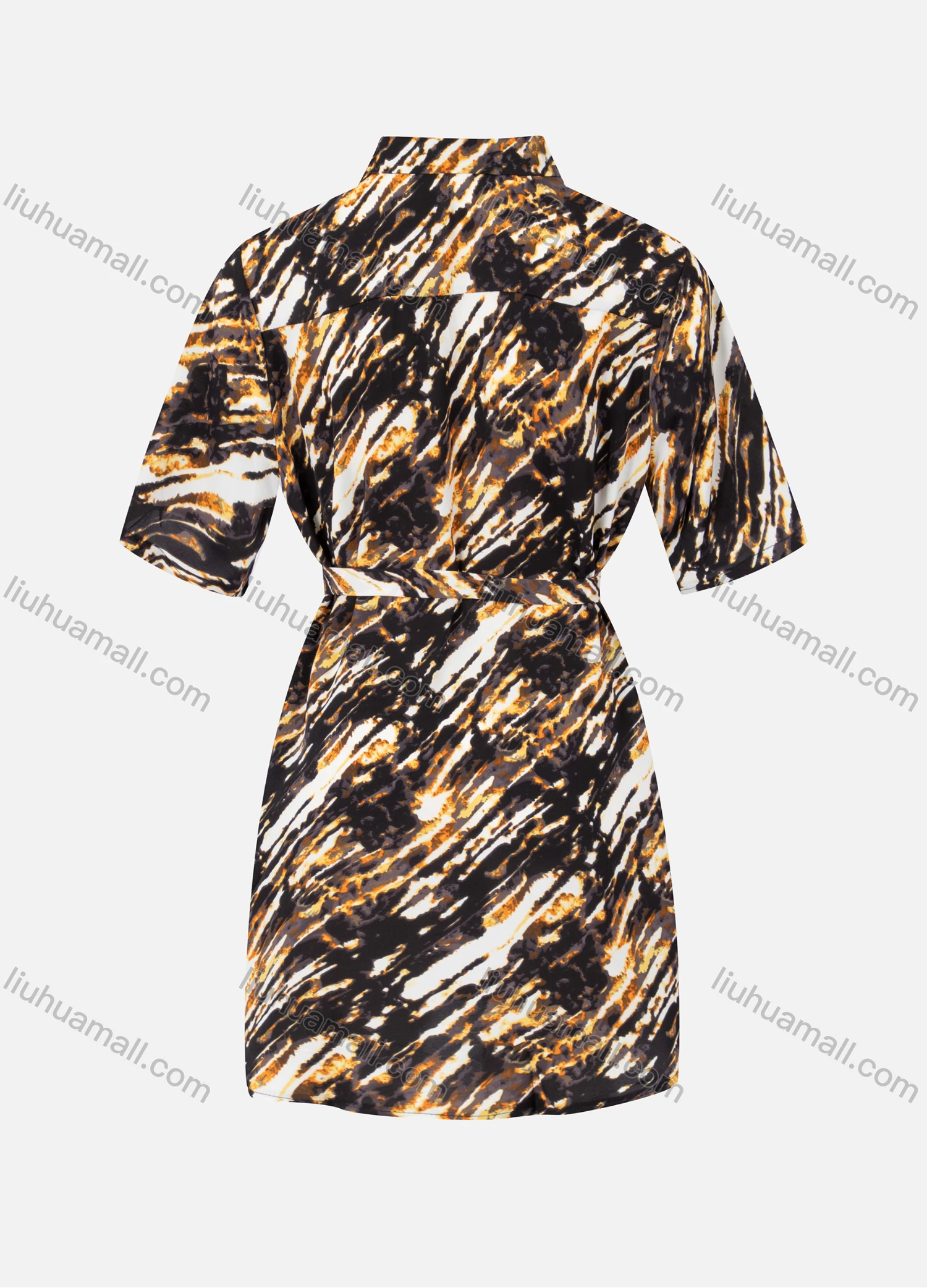 Wholesale Women's Casual Collared Allover Print Tunic Short Sleeve Shirt Dress With Belt - Liuhuamall
