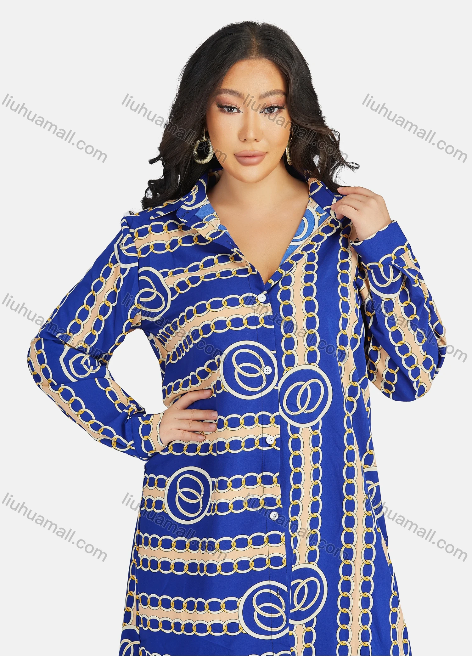 Wholesale Women's Casual Collared Chain Print Long Sleeve Shirt Dress - Liuhuamall