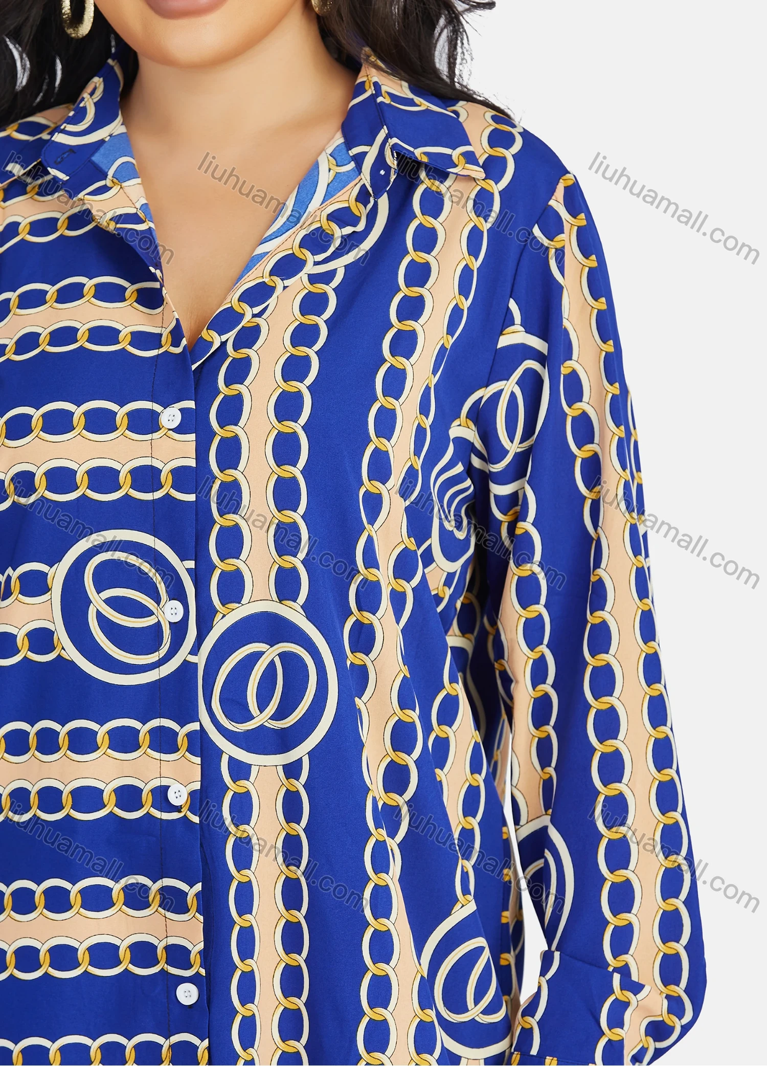 Wholesale Women's Casual Collared Chain Print Long Sleeve Shirt Dress - Liuhuamall