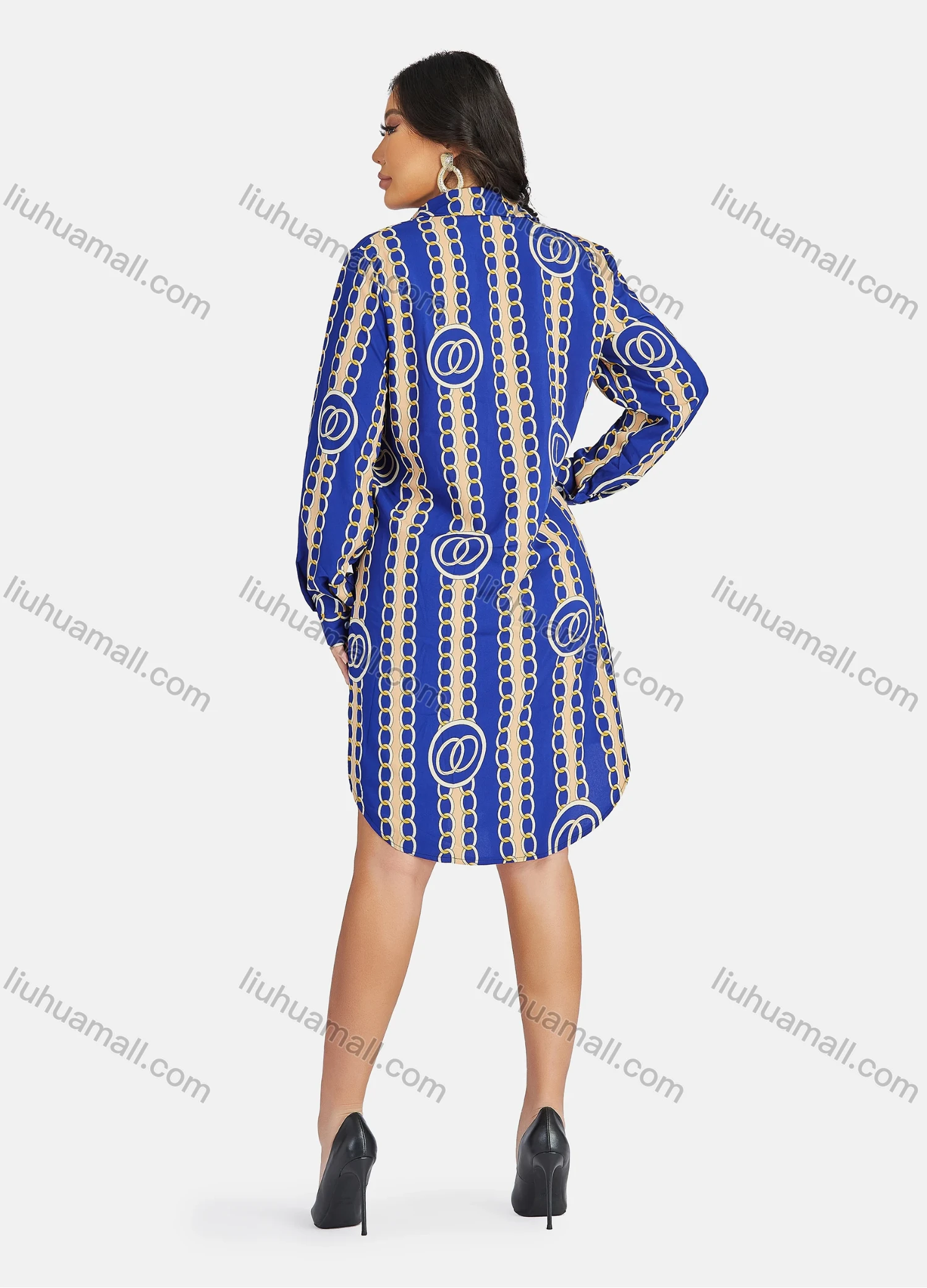 Wholesale Women's Casual Collared Chain Print Long Sleeve Shirt Dress - Liuhuamall