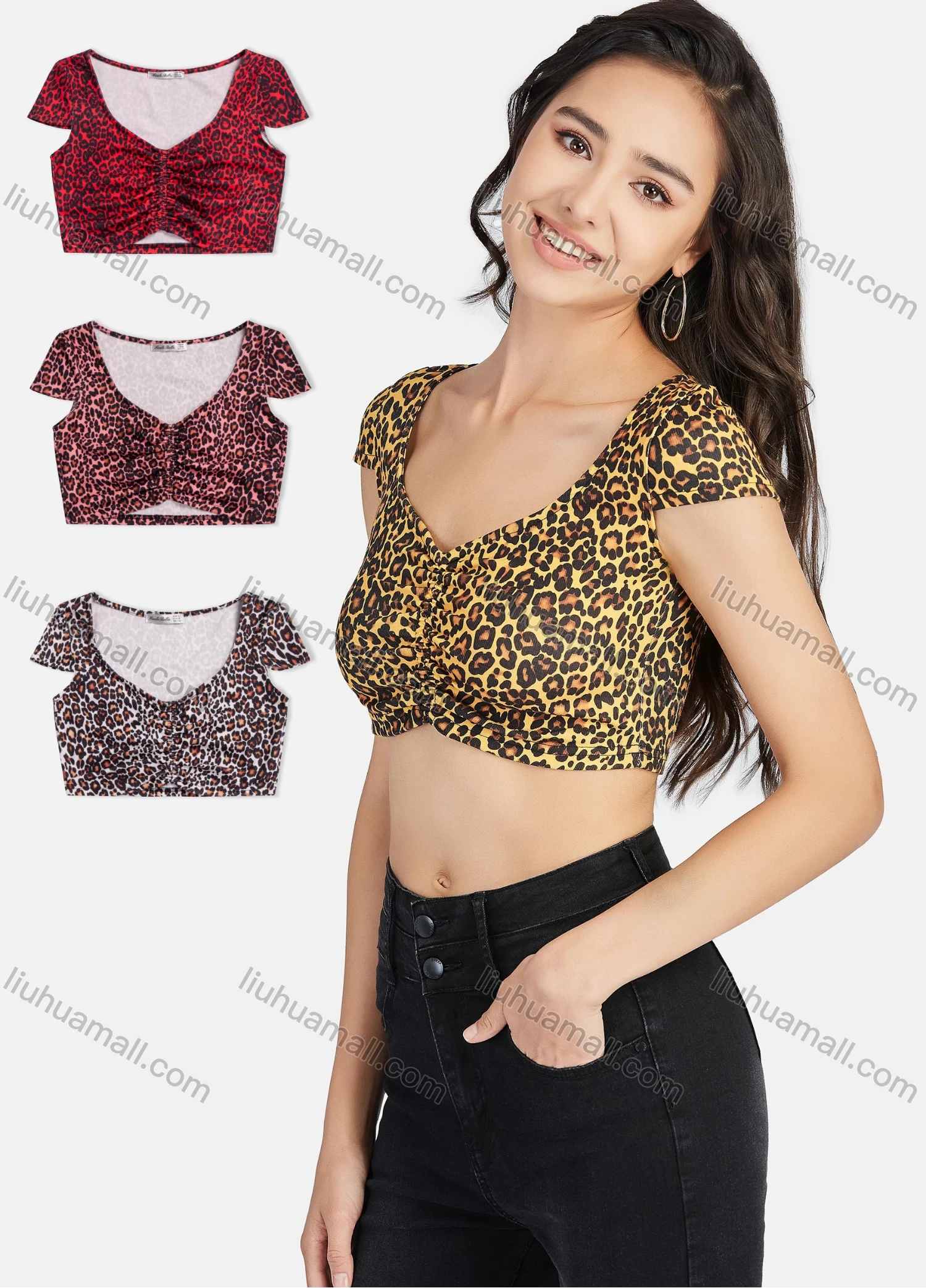 Wholesale Women's Leopard Print Sexy Sweatheart Short Sleeve Crop Top - Liuhuamall