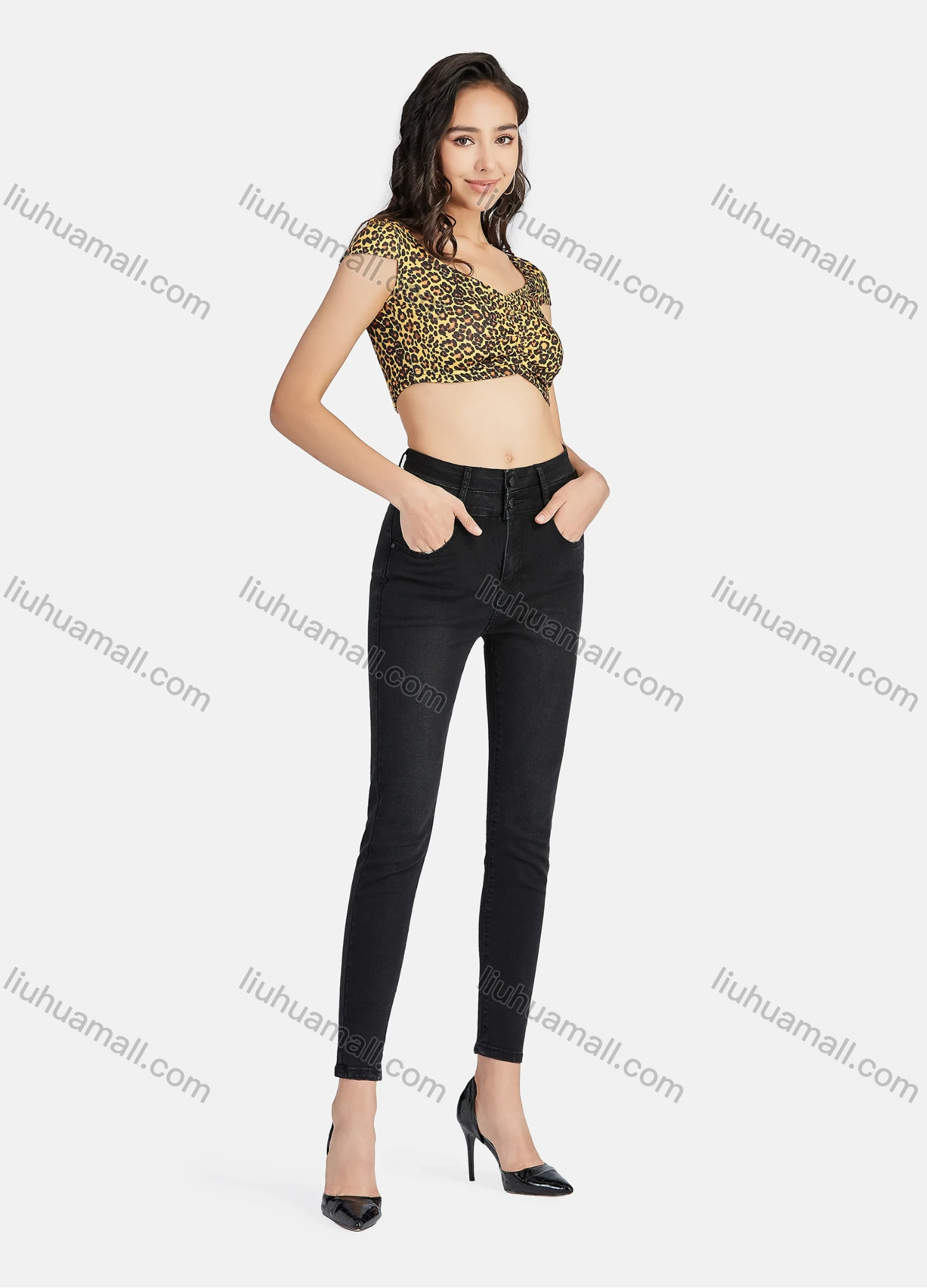 Wholesale Women's Leopard Print Sexy Sweatheart Short Sleeve Crop Top - Liuhuamall