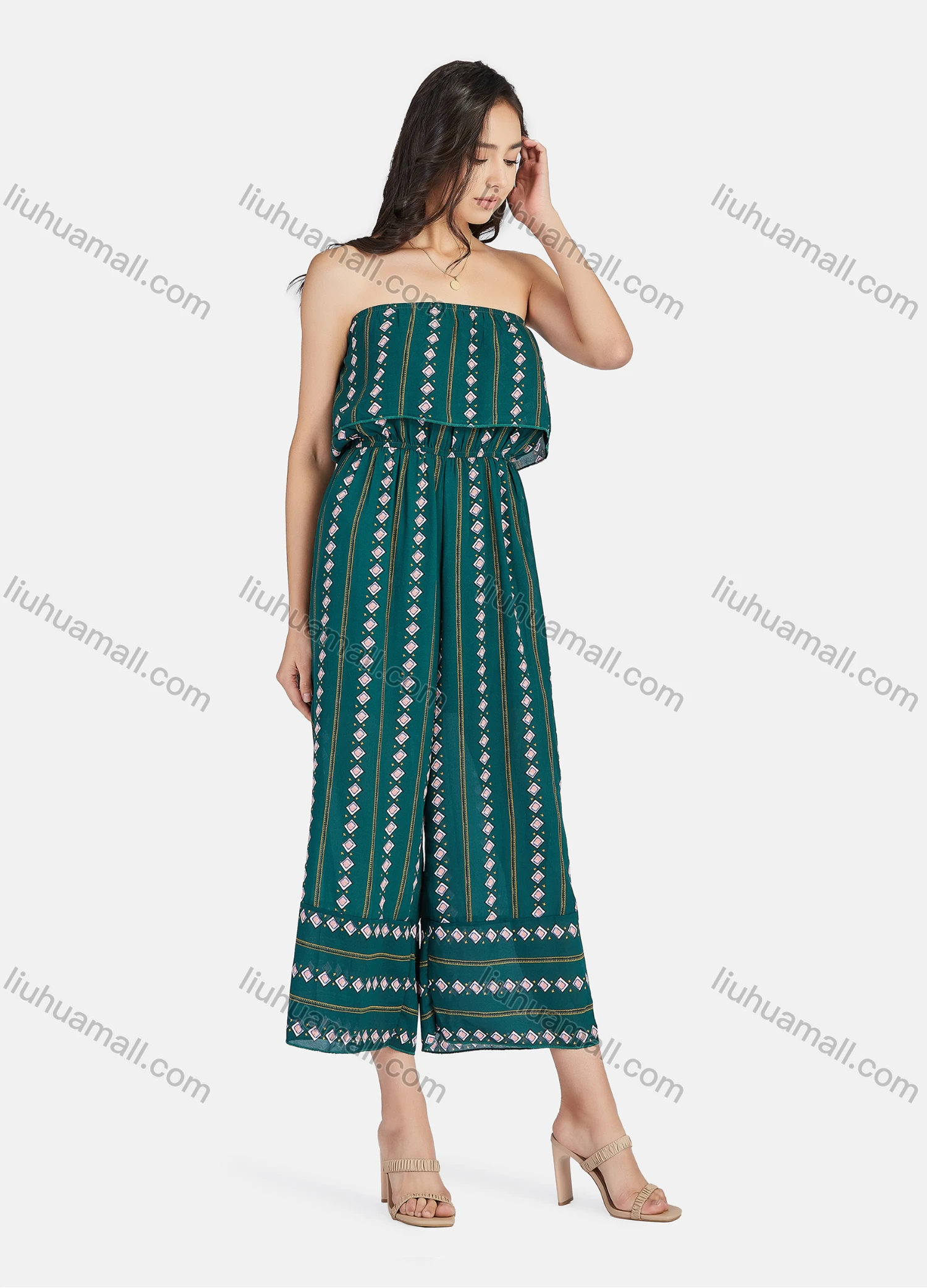 Wholesale Women's Strapless Vacation Tribal Print loose Fit Jumpsuit - Liuhuamall