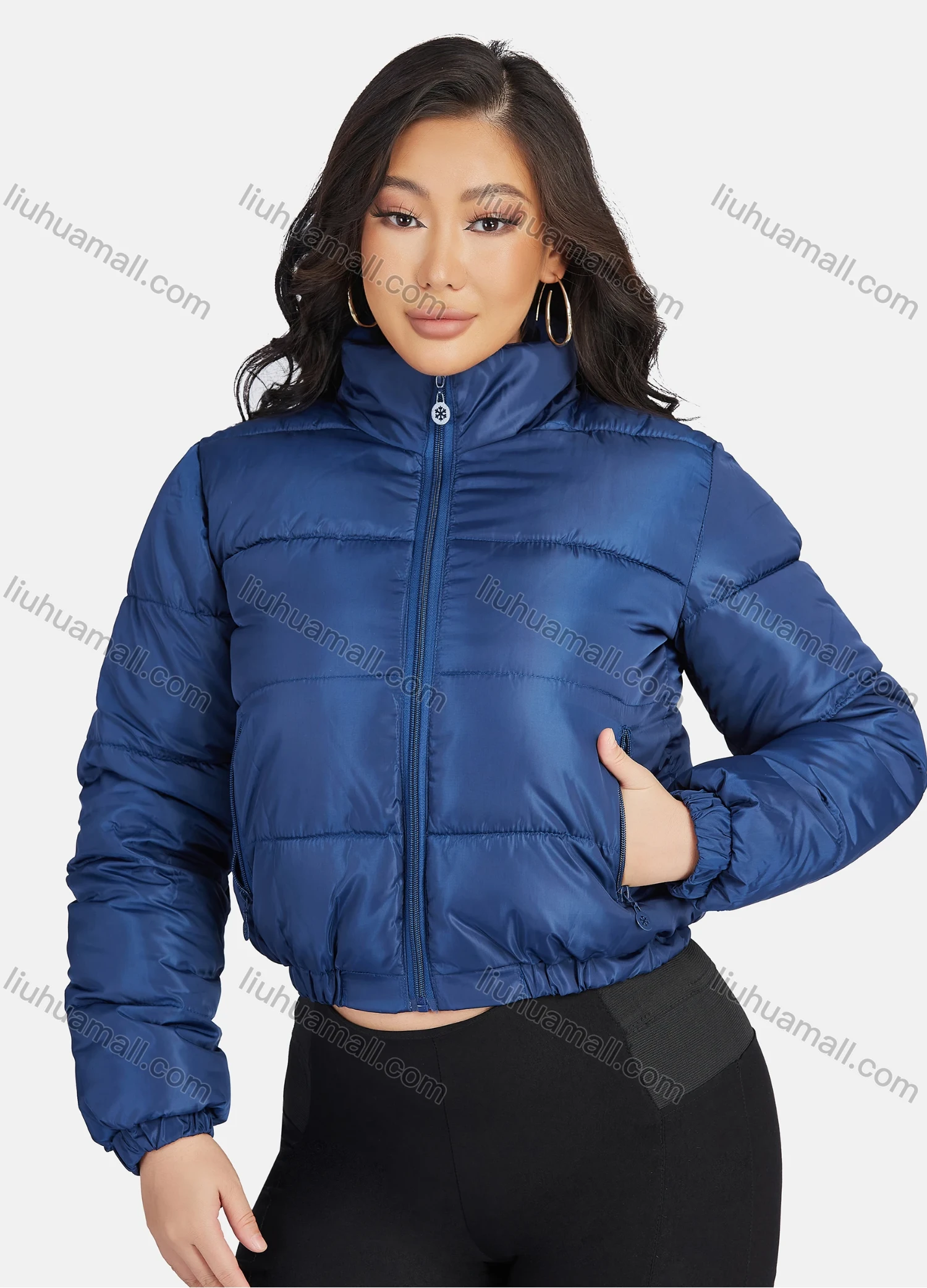 Wholesale Women's Fashion Stand Collar Pockets Zipper Crop Puffer Jacket 221# - Liuhuamall