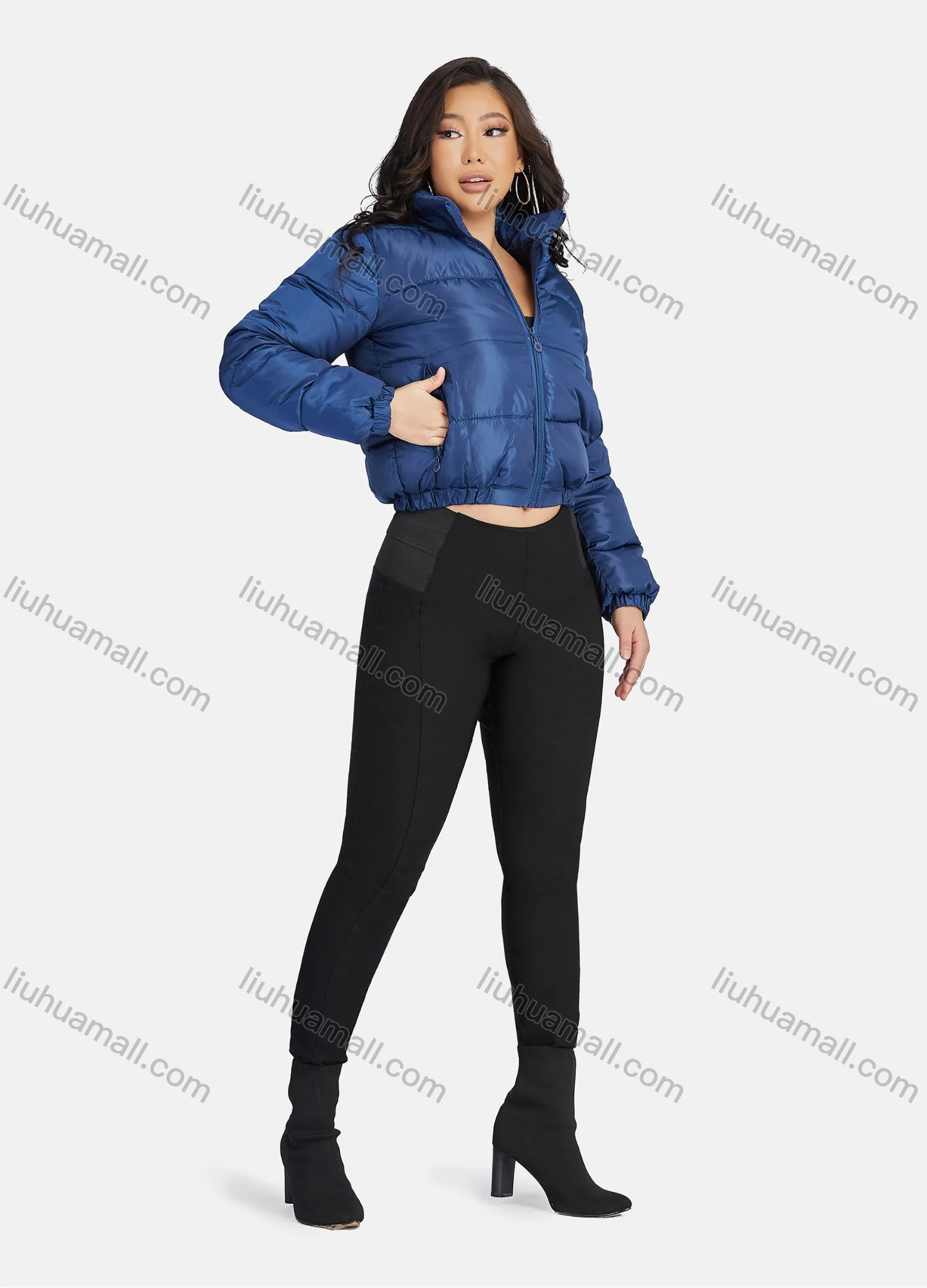 Wholesale Women's Fashion Stand Collar Pockets Zipper Crop Puffer Jacket 221# - Liuhuamall