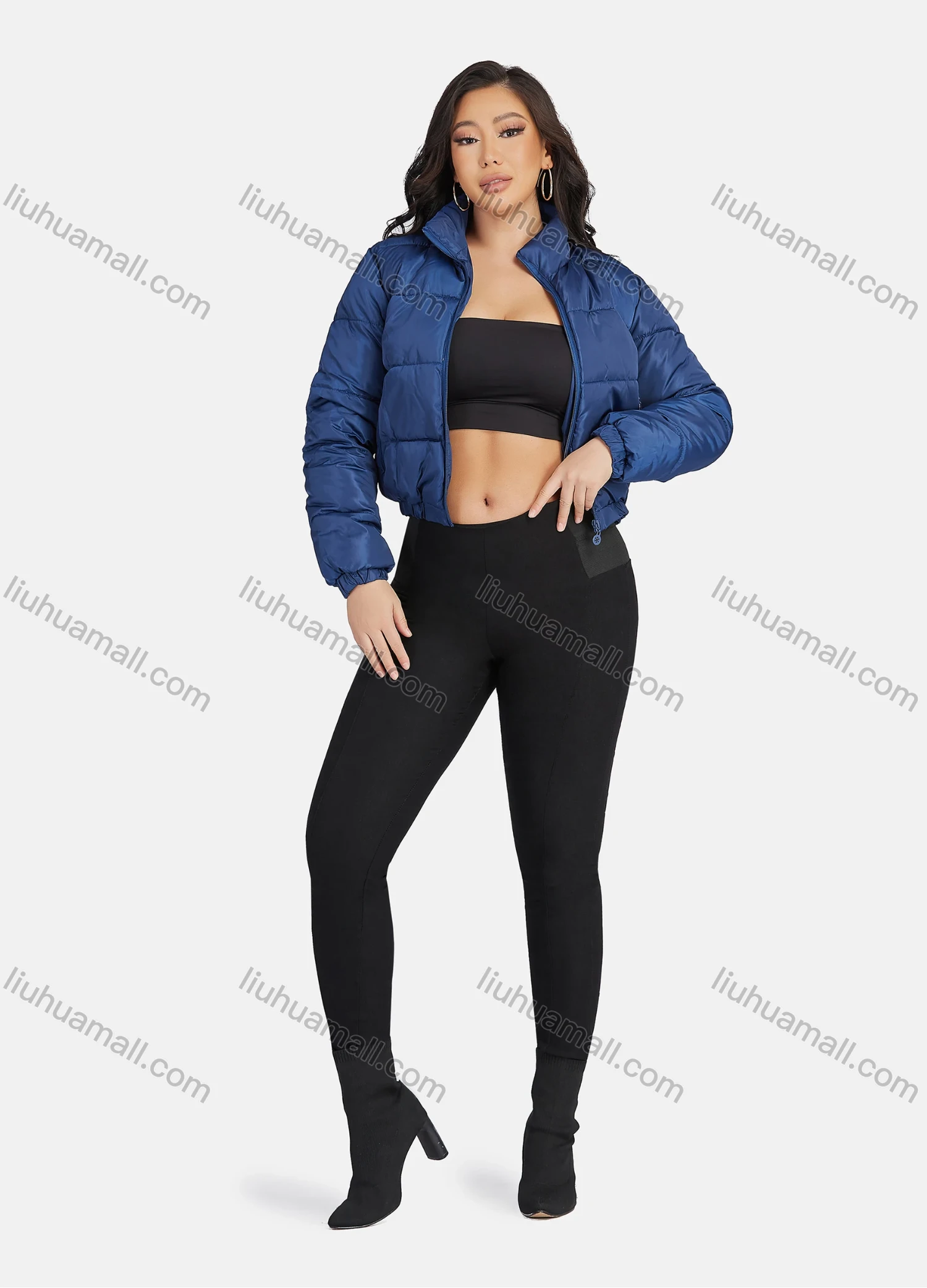 Wholesale Women's Fashion Stand Collar Pockets Zipper Crop Puffer Jacket 221# - Liuhuamall