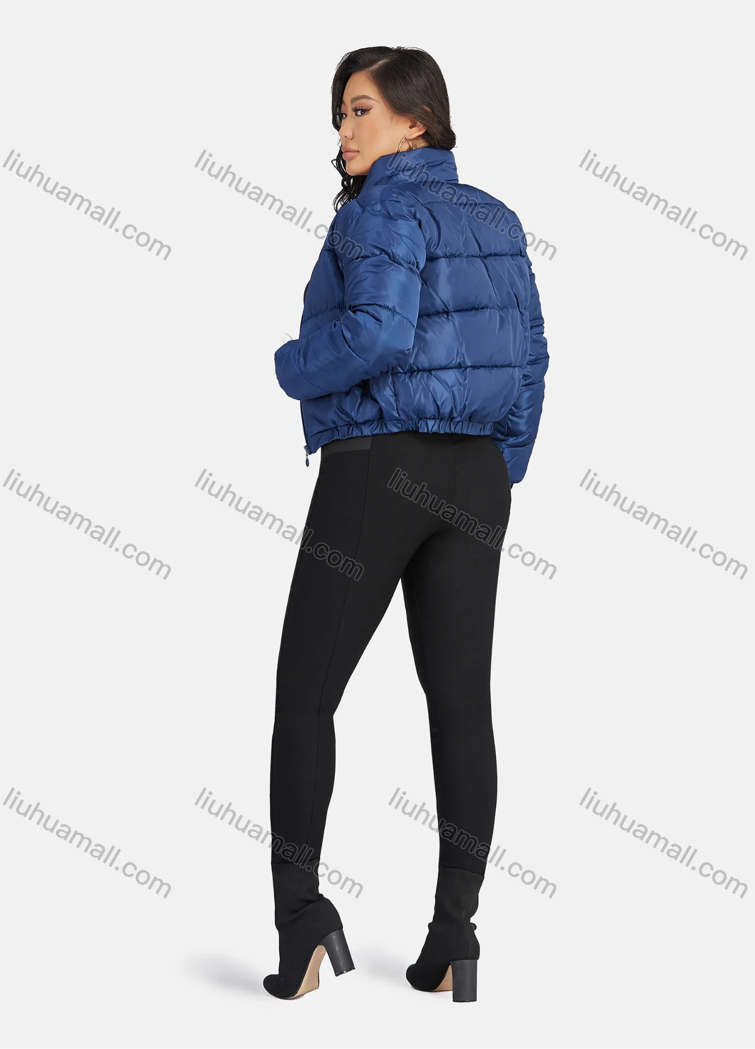 Wholesale Women's Fashion Stand Collar Pockets Zipper Crop Puffer Jacket 221# - Liuhuamall
