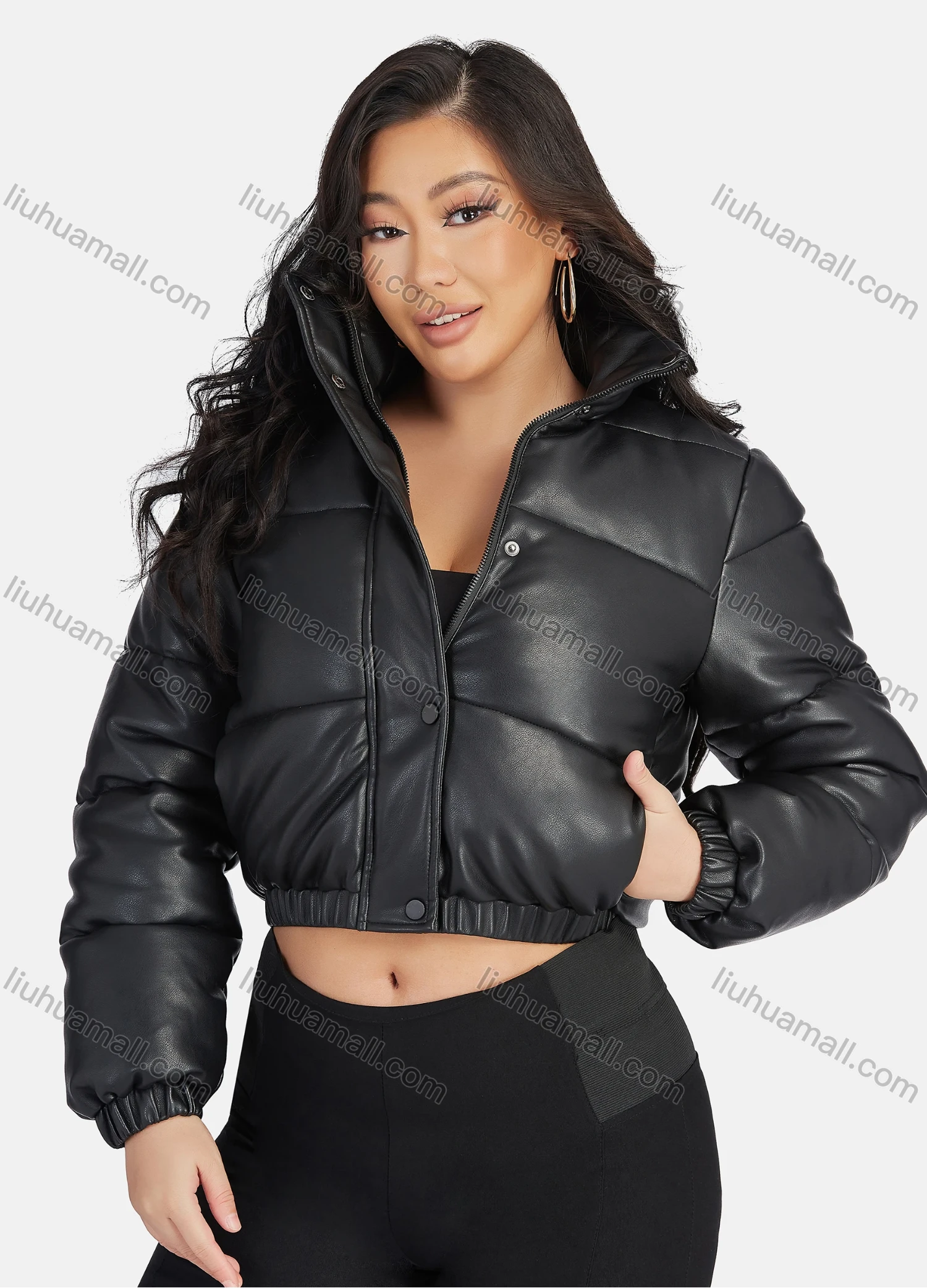 Wholesale Women's Fashion PU Leather Stand Collar Button Down Crop Puffer Jacket 552# - Liuhuamall