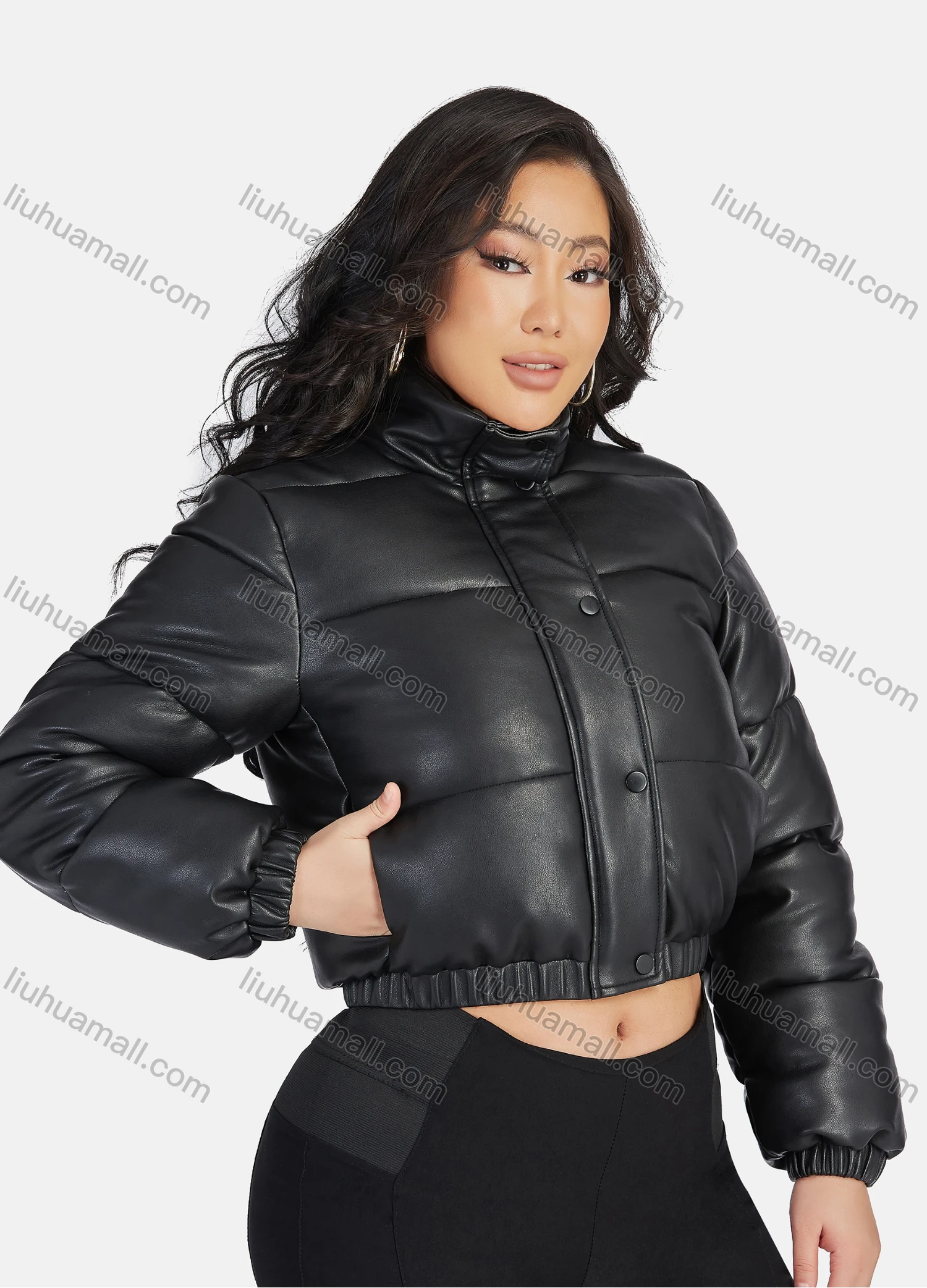 Wholesale Women's Fashion PU Leather Stand Collar Button Down Crop Puffer Jacket 552# - Liuhuamall
