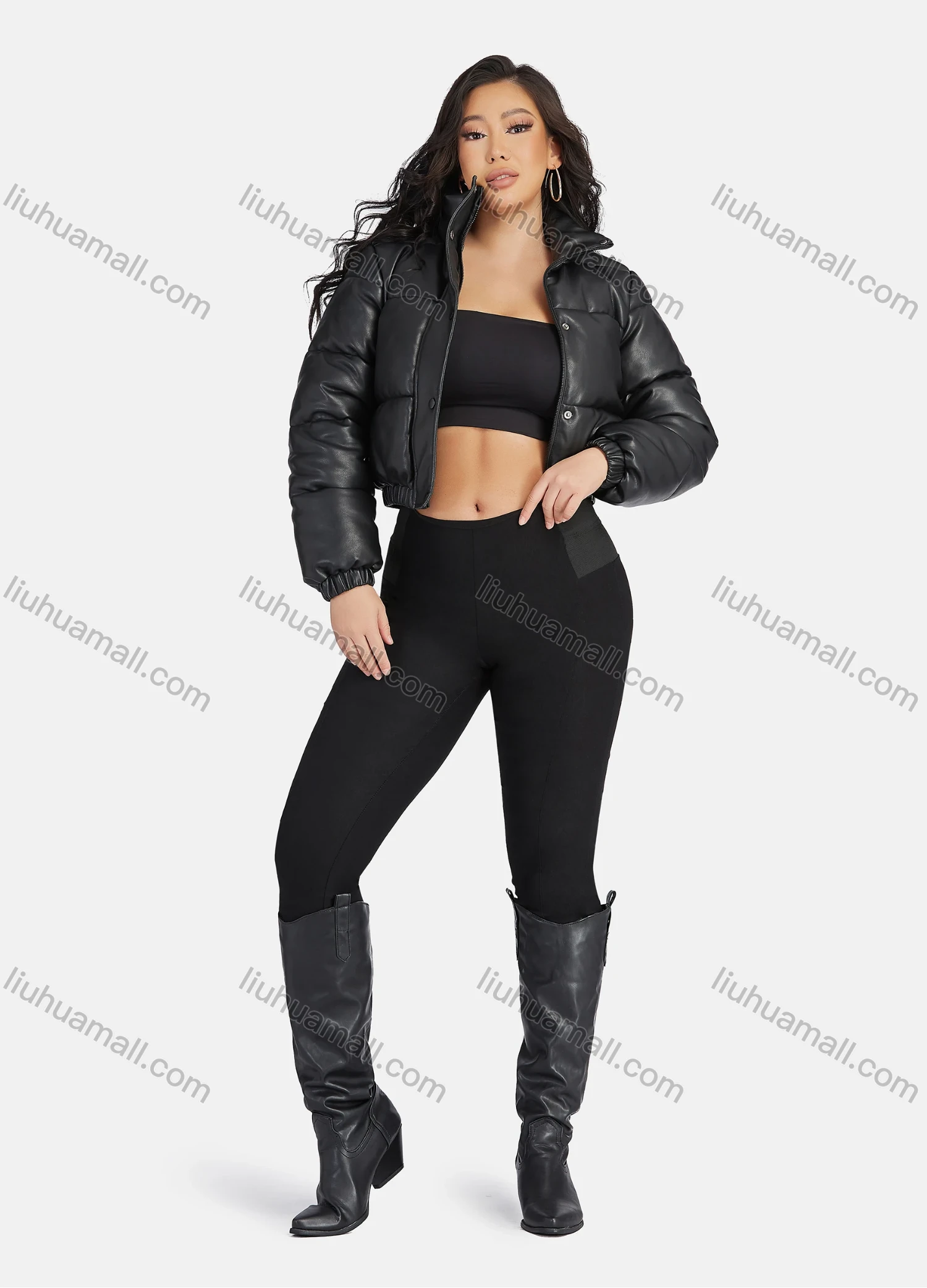 Wholesale Women's Fashion PU Leather Stand Collar Button Down Crop Puffer Jacket 552# - Liuhuamall